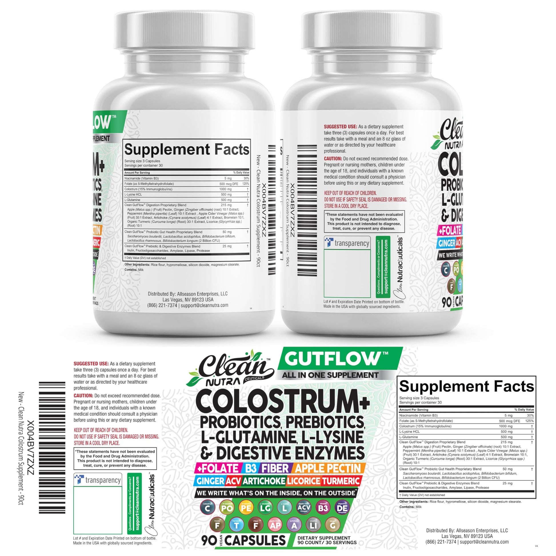 Clean Nutraceuticals Colostrum Supplement Capsules Probiotics Pills Prebiotics, L-Glutamine, Digestive Enzymes, Folate, Fiber, ACV, Turmeric, Apple Pectin and Turmeric Pills Clean Nutraceuticals buy supplements canada
