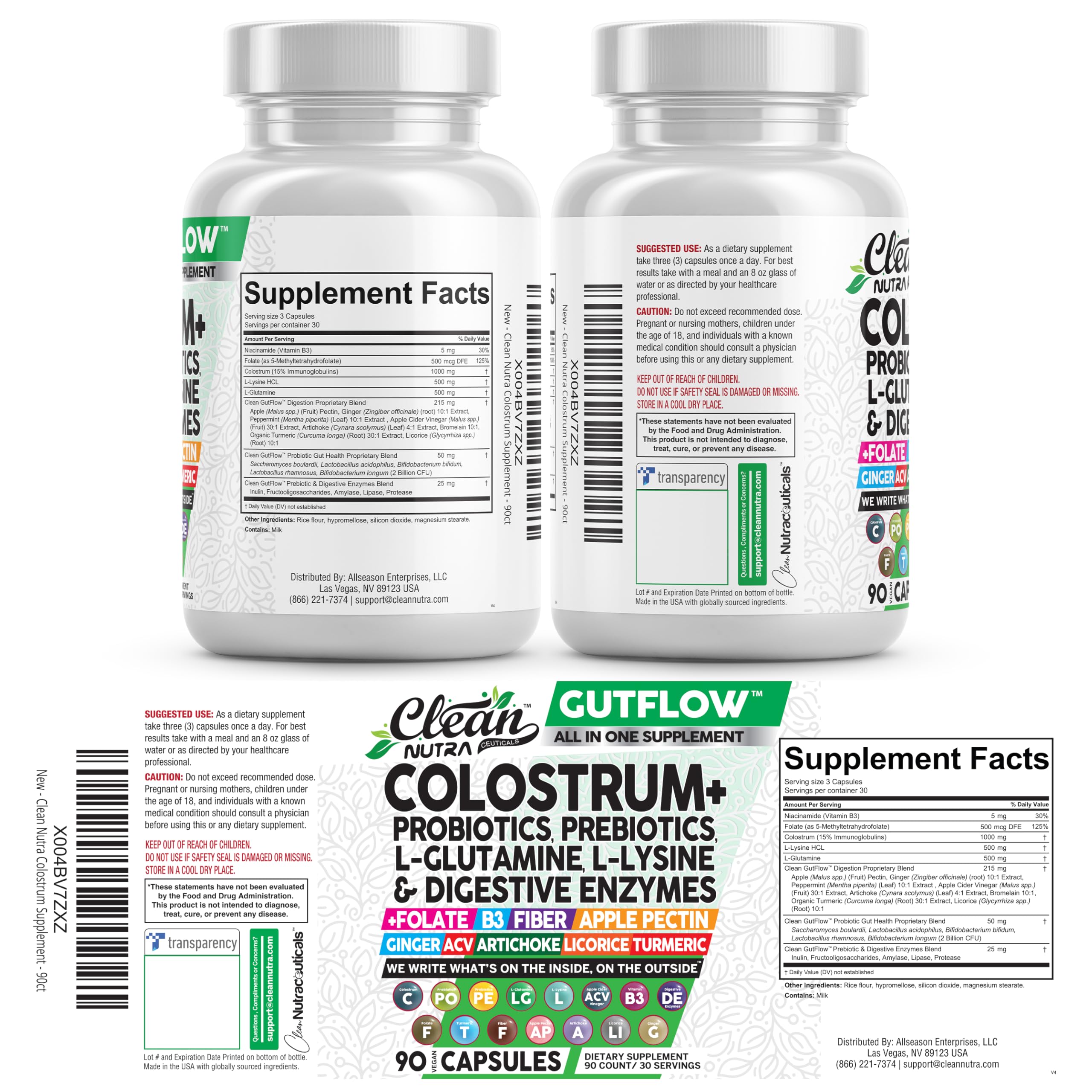 Clean Nutraceuticals Colostrum Supplement Capsules Probiotics Pills Prebiotics, L-Glutamine, Digestive Enzymes, Folate, Fiber, ACV, Turmeric, Apple Pectin and Turmeric Pills Clean Nutraceuticals buy supplements canada