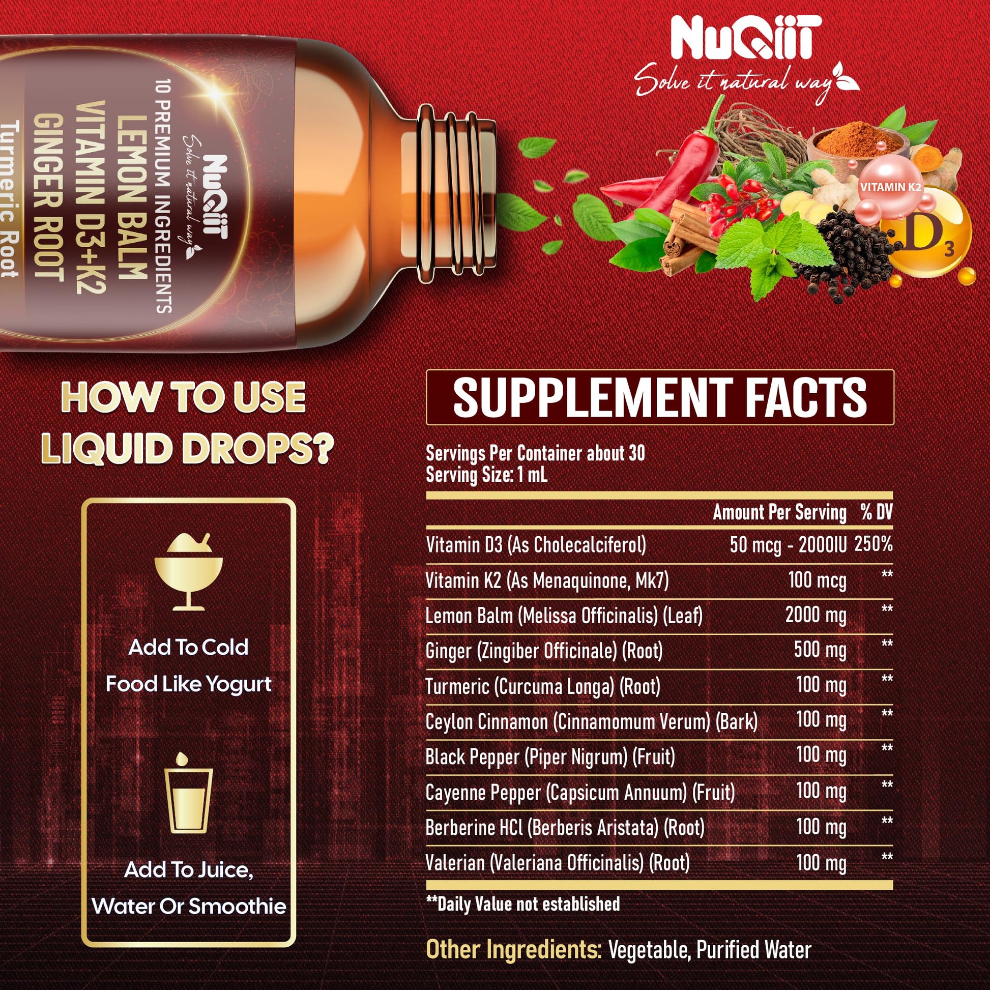 NUQIIT 10in1 Lemon Balm Tincture Blend Includes Vitamin D3, Vitamin K2, Lemon Balm, Ginger, Turmeric, Ceylon Cinnamon and More - 1 FL Oz - 60 Day Supply NUQIIT buy supplements canada