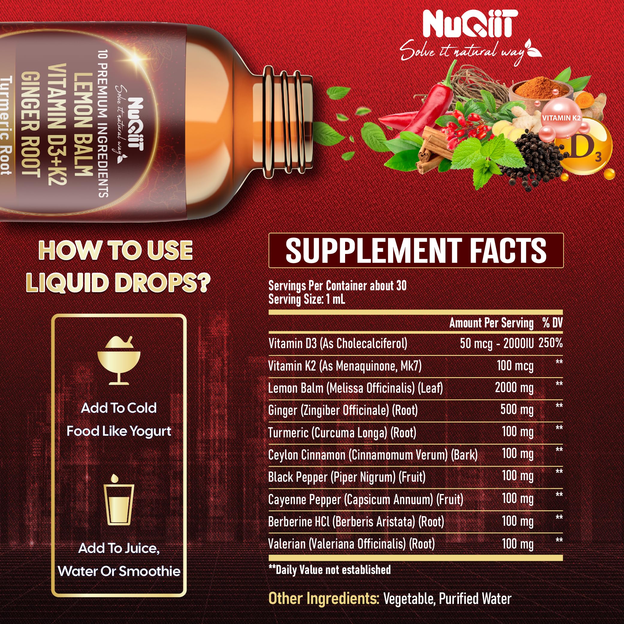 NUQIIT 10in1 Lemon Balm Tincture Blend Includes Vitamin D3, Vitamin K2, Lemon Balm, Ginger, Turmeric, Ceylon Cinnamon and More - 1 FL Oz - 60 Day Supply NUQIIT buy supplements canada