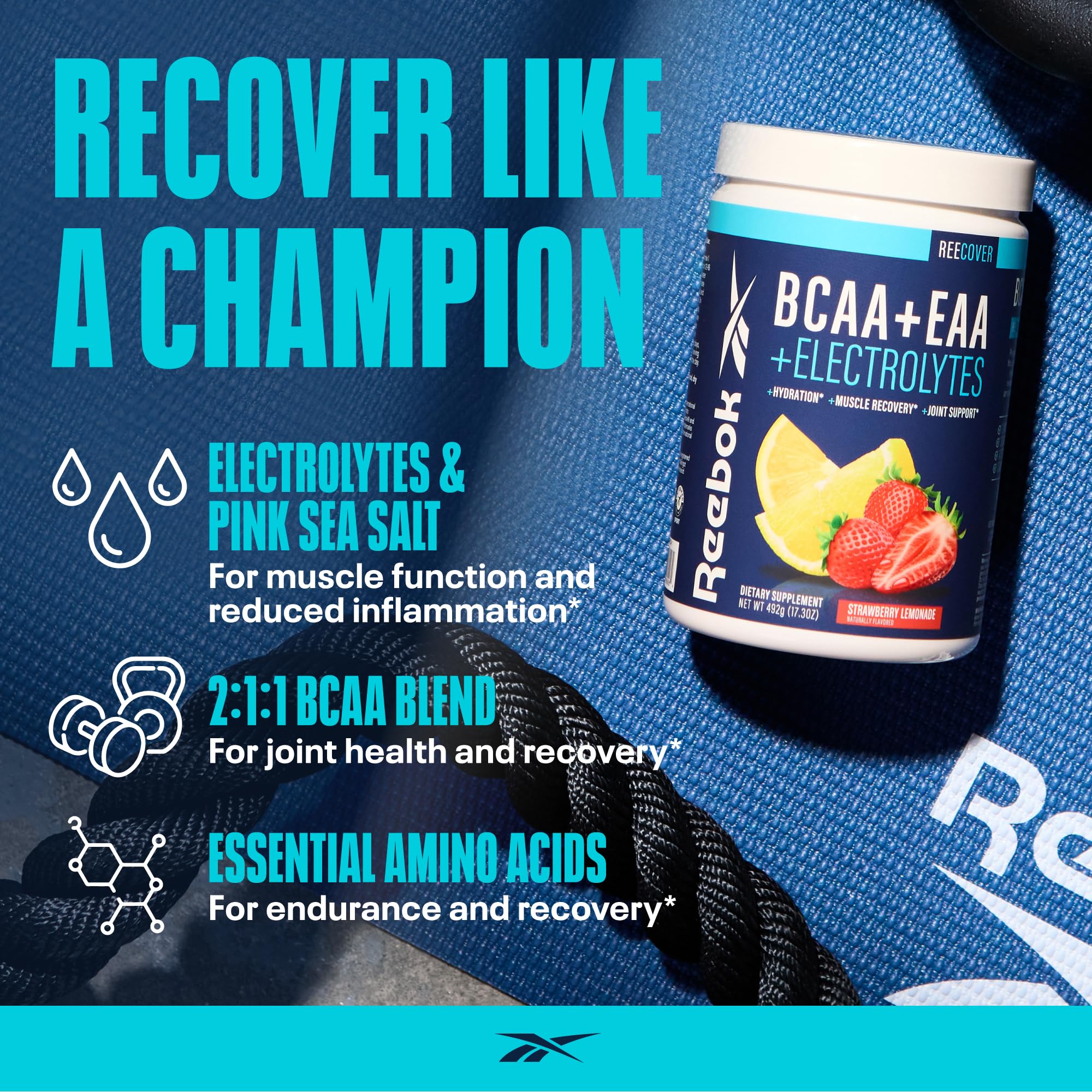 Reebok REEcover Amino Acids + Electrolytes | 8g EAAs, 5g BCAAs, Hydration Matrix | Muscle Recovery, Strength | Post-Workout Support Reebok buy supplements canada