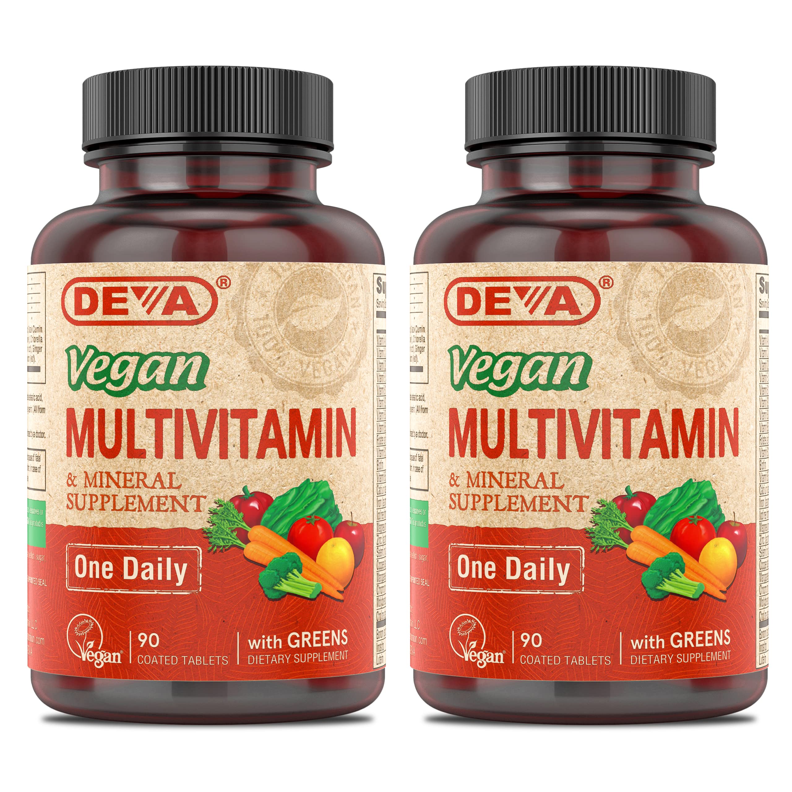 DEVA Vegan Multivitamin & Mineral Supplement with Iron 2-Pack, Spirulina, Chlorella, Ashwagandha, Broccoli & More, 90 Coated Tablets Each DEVA buy supplements canada