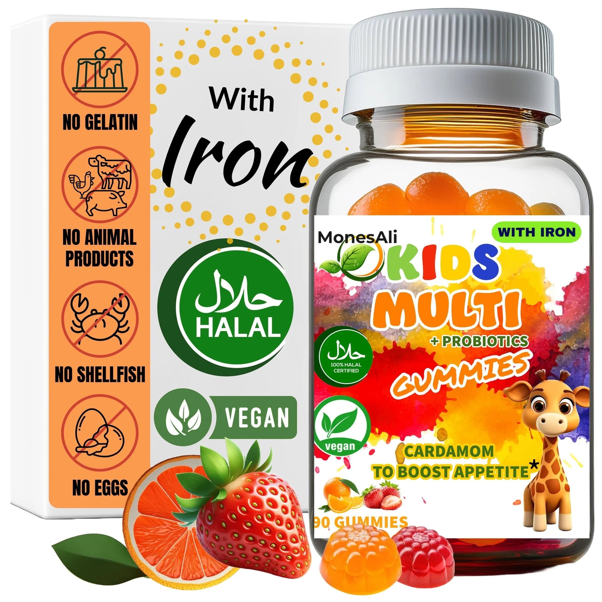 MonesAli Kids Multivitamin Gummies with Iron & Probiotics – Vegan, Gelatin-Free, Halal, Orange & Strawberry Flavors, 90 Count MonesAli buy supplements canada