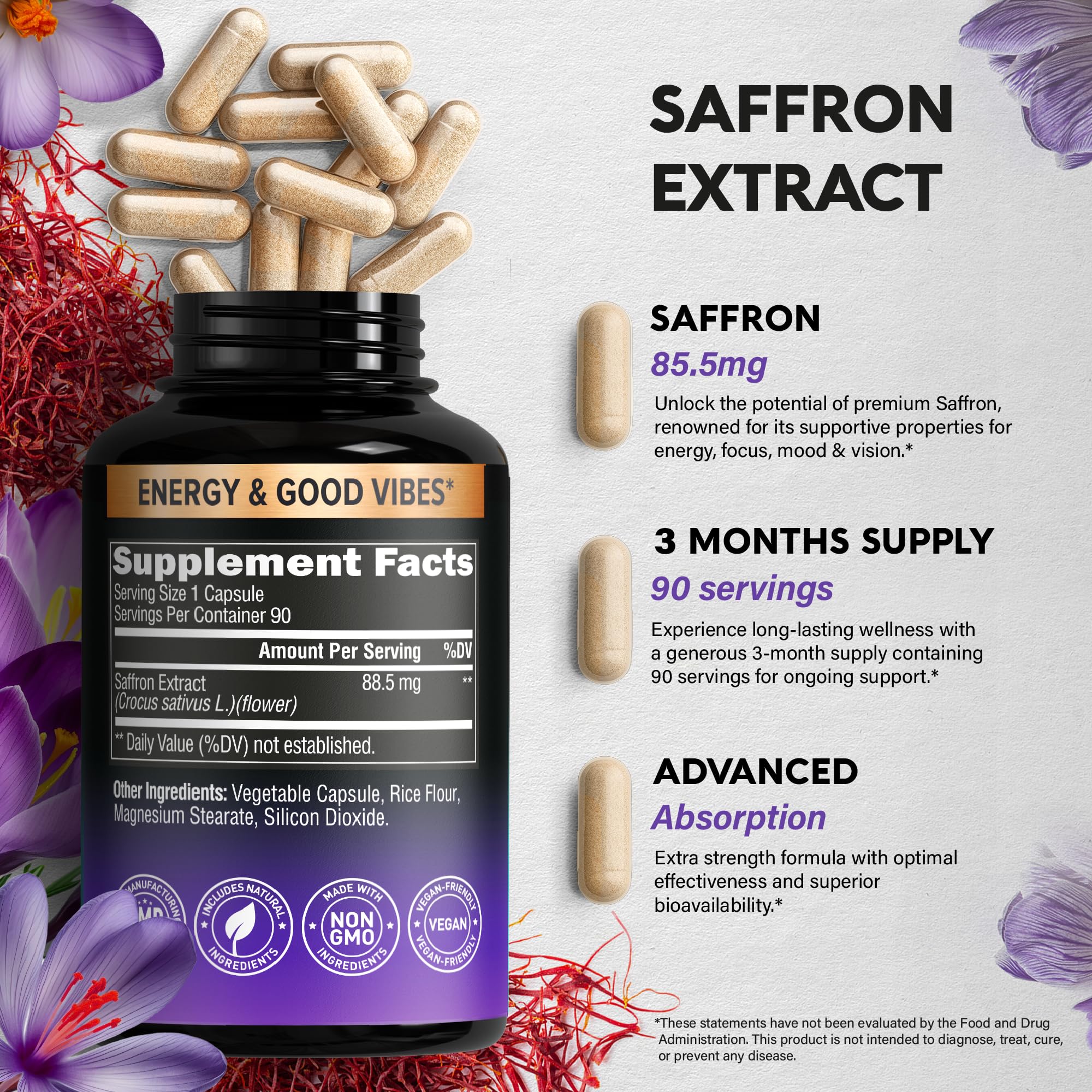 Natural Saffron Supplements - Pure Saffron Extract 88.5 mg - Made in USA - Mood | Focus | Vision | Energy Support - Eye Health for Women & Men - NonGMO Vegan Pills - 90 Powder Capsules, 3 Month Supply NUTRAHARMONY buy supplements canada