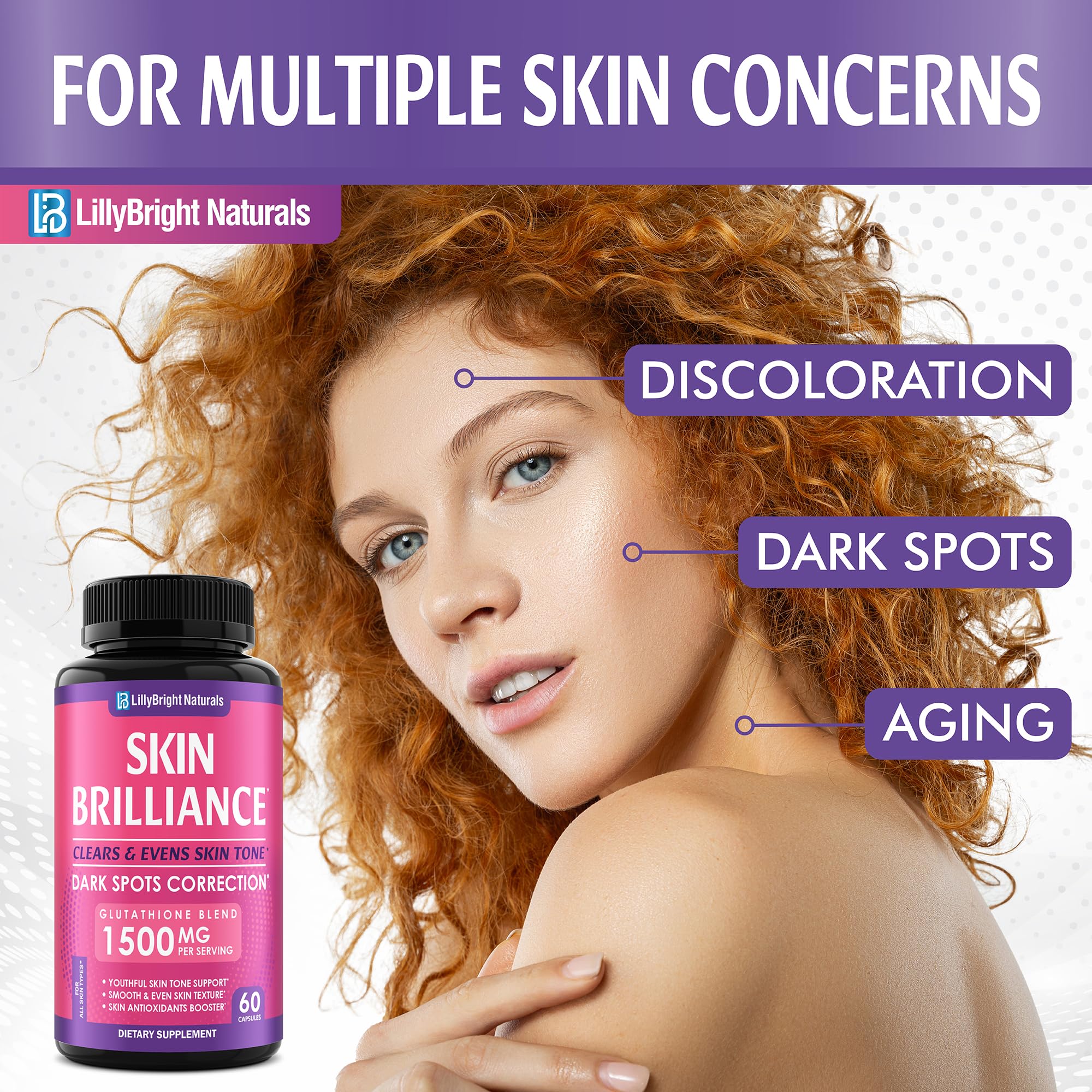 Glutathione Capsules - 1,500mcg L-Glutathione Supplement with Vitamin C - Skin Tone Enhancer - Targets Dark Spots & Acne Marks - Antioxidant Supplement for Beauty & Health Support - 60 Skin Pills LB LILLYBRIGHT NATURALS buy supplements canada