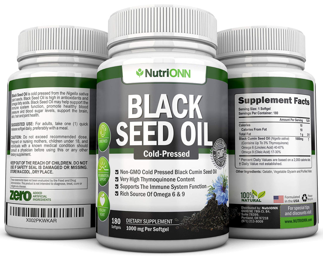 Black Seed Oil - 1000 Mg - 180 Softgels - Cold-Pressed Non-GMO Black Cumin Seed NutriONN buy supplements canada
