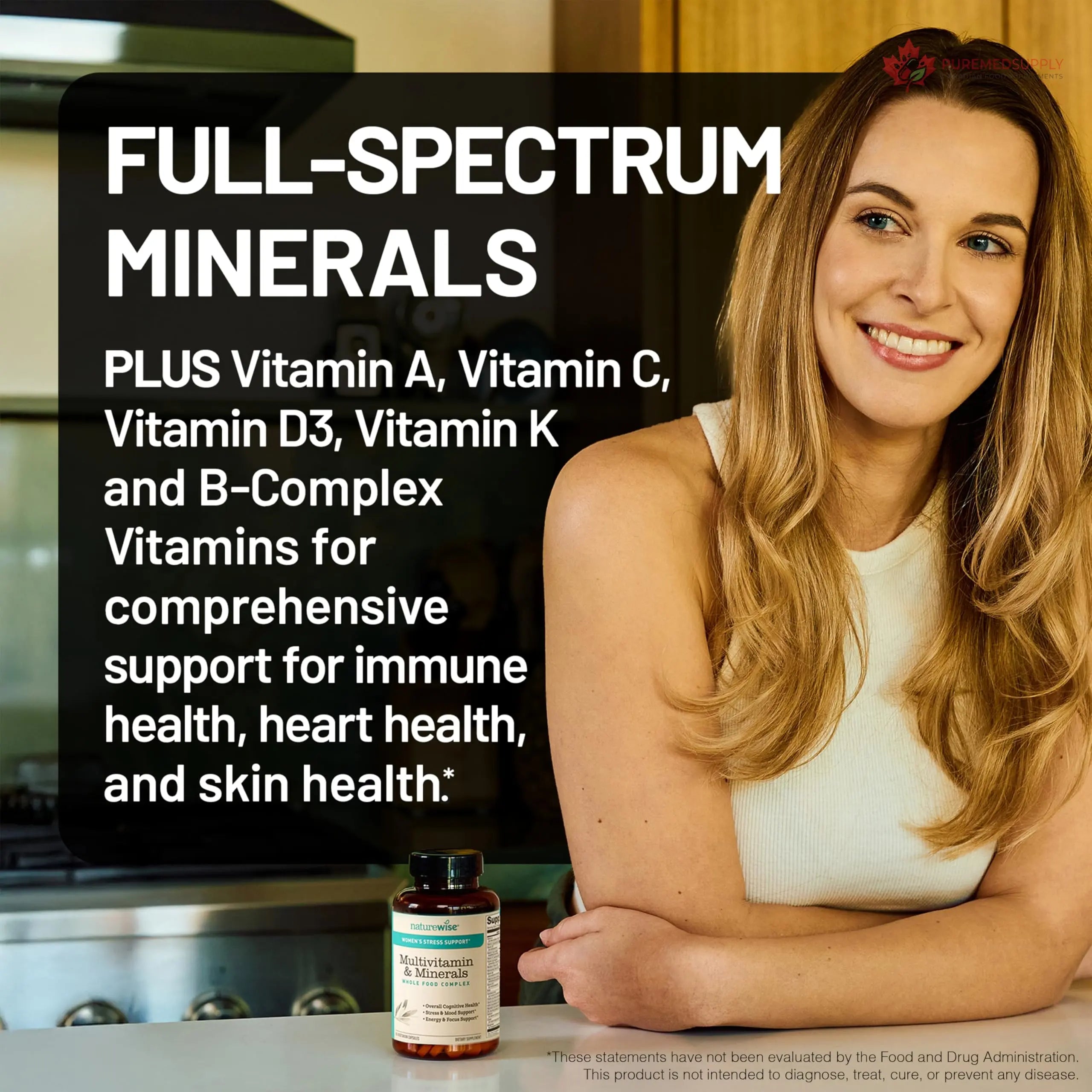 NatureWise Multivitamin for Women + Stress Support with Organic Whole Foods & Natural Minerals - B-Complex + Vitamin C + D3 K2 for Immunity, Hair, Skin & Nails - Non-GMO - 60 Capsules[30-Day Supply] NatureWise buy supplements canada