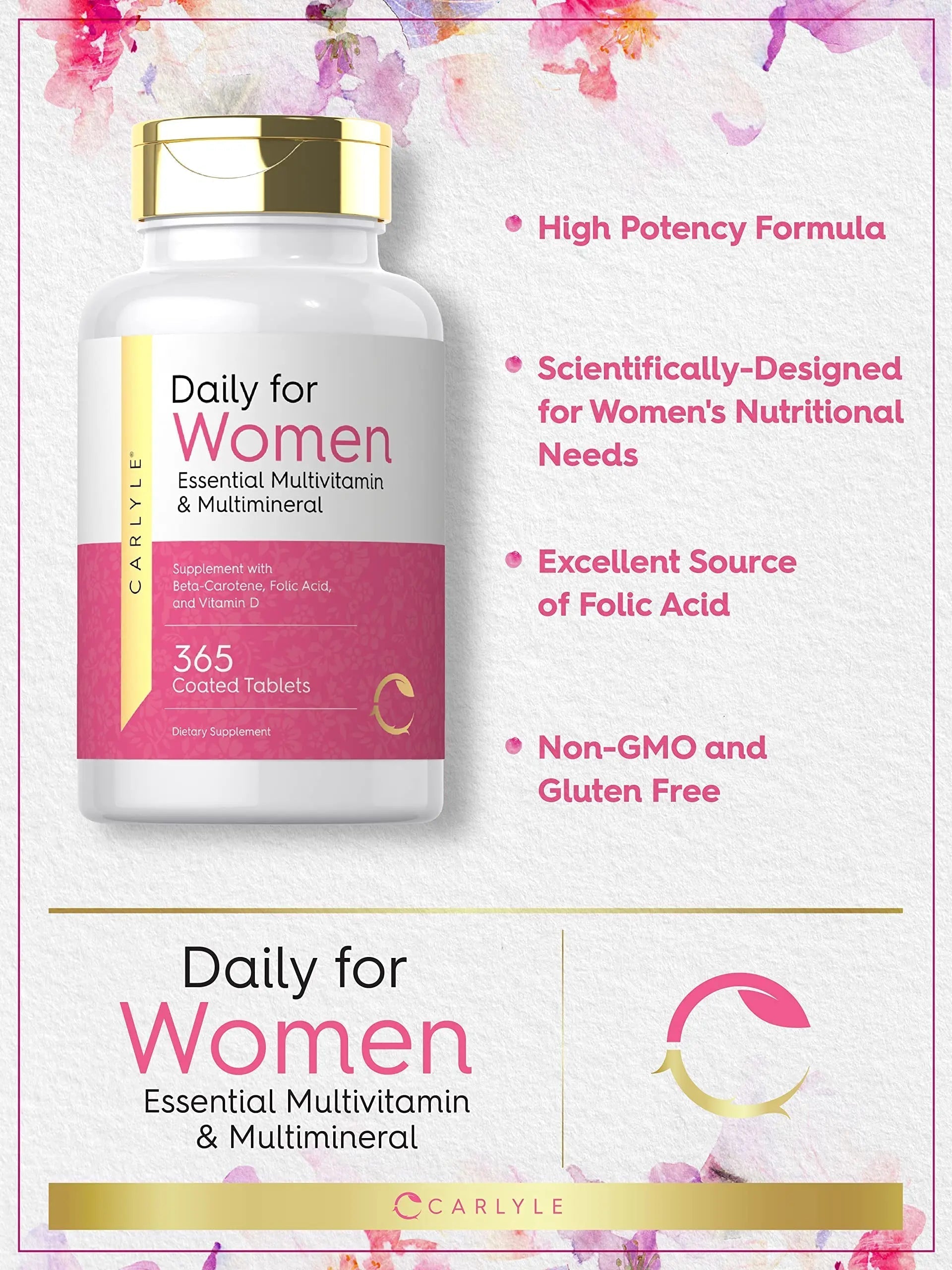 Carlyle Women's Daily Multivitamin and Multimineral Supplement | 365 Tablets | Beta-Carotene, Folic Acid and Vitamin D | Non-GMO, Gluten Free Pills Carlyle buy supplements canada