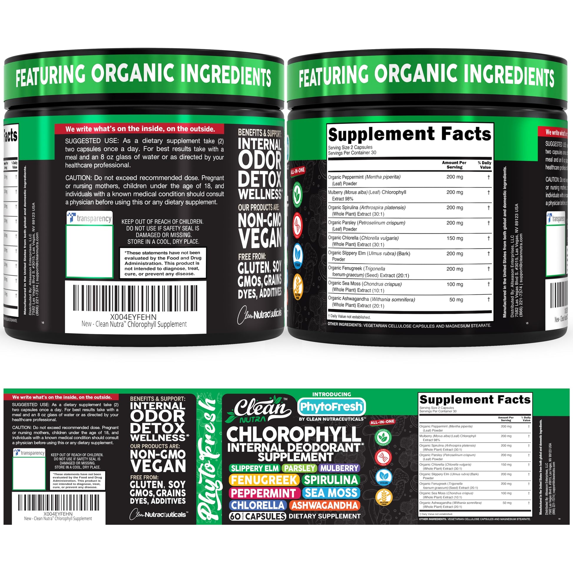 Clean Nutra Chlorophyll Capsules Supplement Internal Deodorant Peppermint, Sea Moss, Parsley, Chlorella, Spirulina, Slippery Elm, Ashwagandha, PhytoFresh Greens Detox Pills Clean Nutraceuticals buy supplements canada