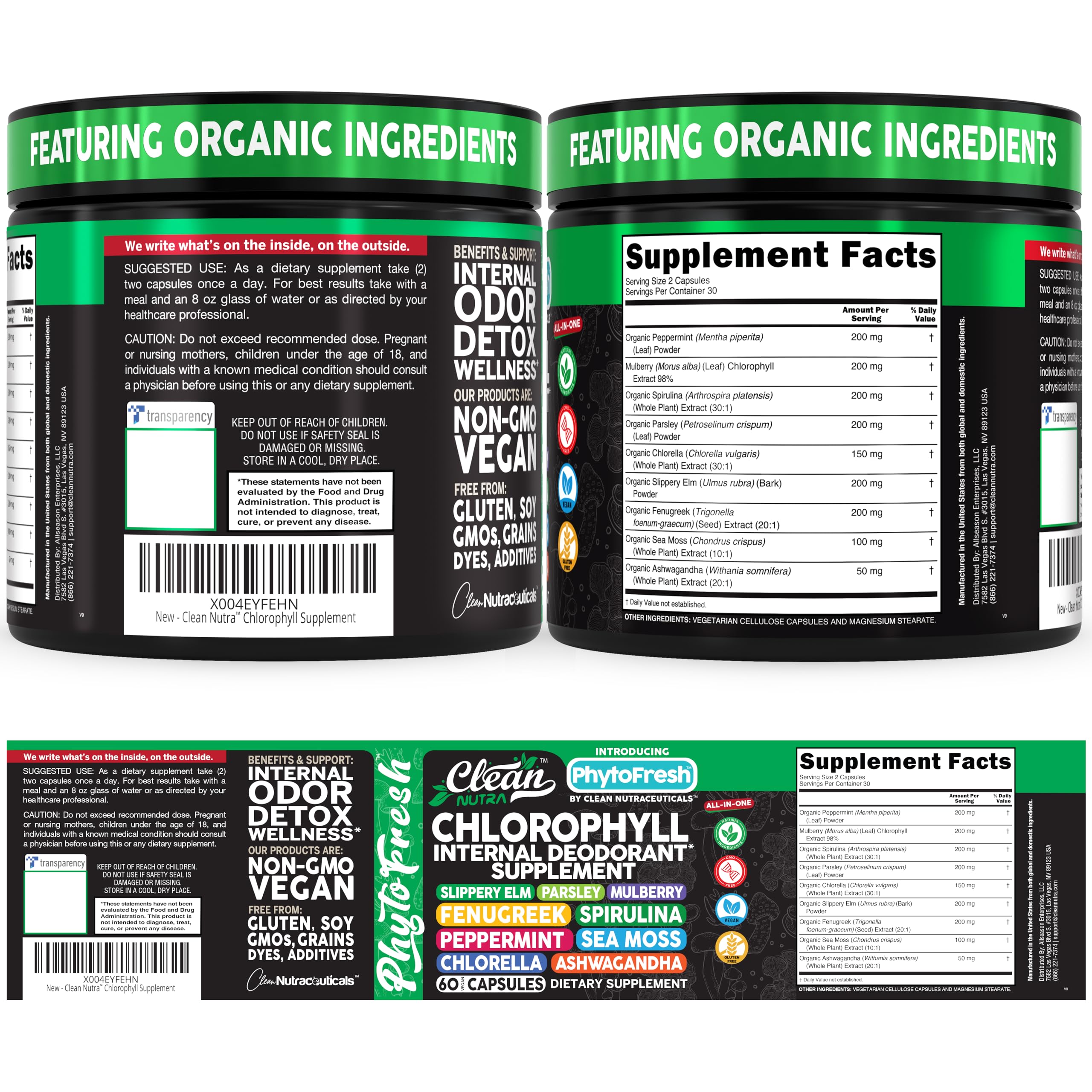 Clean Nutra Chlorophyll Capsules Supplement Internal Deodorant Peppermint, Sea Moss, Parsley, Chlorella, Spirulina, Slippery Elm, Ashwagandha, PhytoFresh Greens Detox Pills Clean Nutraceuticals buy supplements canada