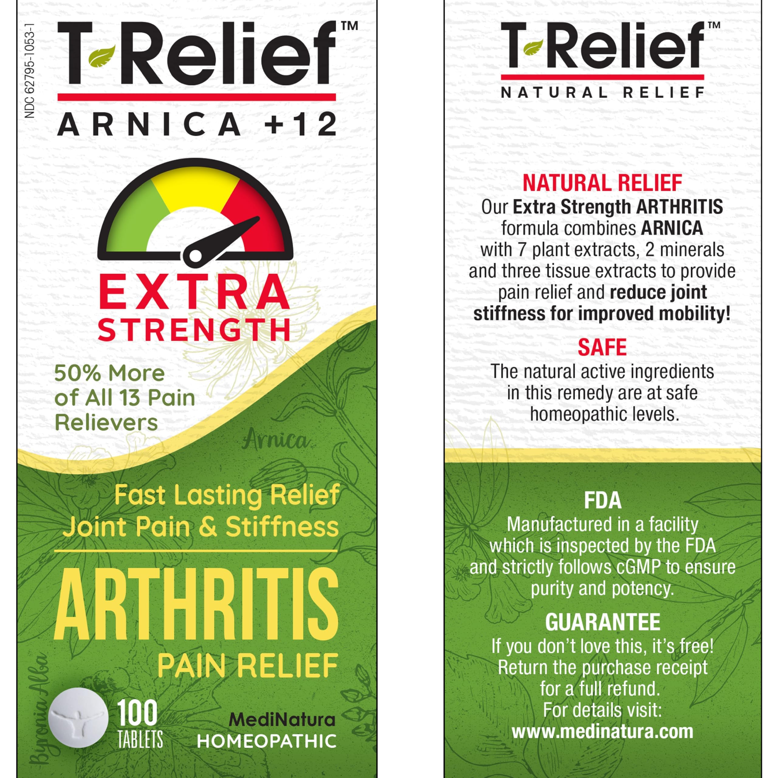 T-Relief Extra Strength Arthritis Pain Reliever Arnica +12 Natural Medicines for Joint Soreness Stiffness Aches, Quick Dissolving Pain Relief for Women & Men - 100 Tablets MediNatura buy supplements canada