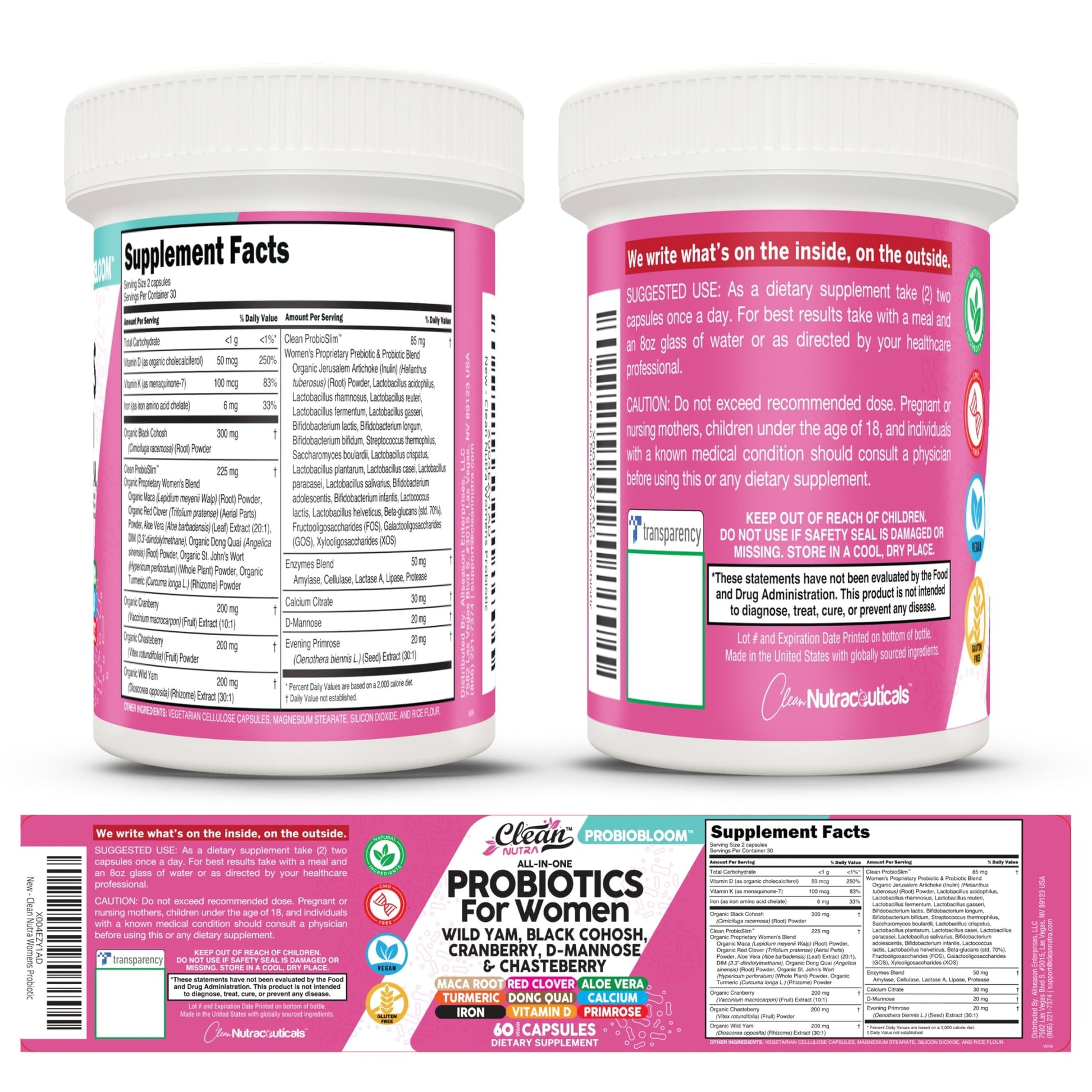 Clean Nutraceuticals Probiotics for Women with D Mannose, Cranberry Extract, Wild Yam, Chasteberry - 20 Probiotic and Prebiotic Strains - PH Balance, Womens Probiotic for Digestive Health - 60 Count Clean Nutraceuticals buy supplements canada