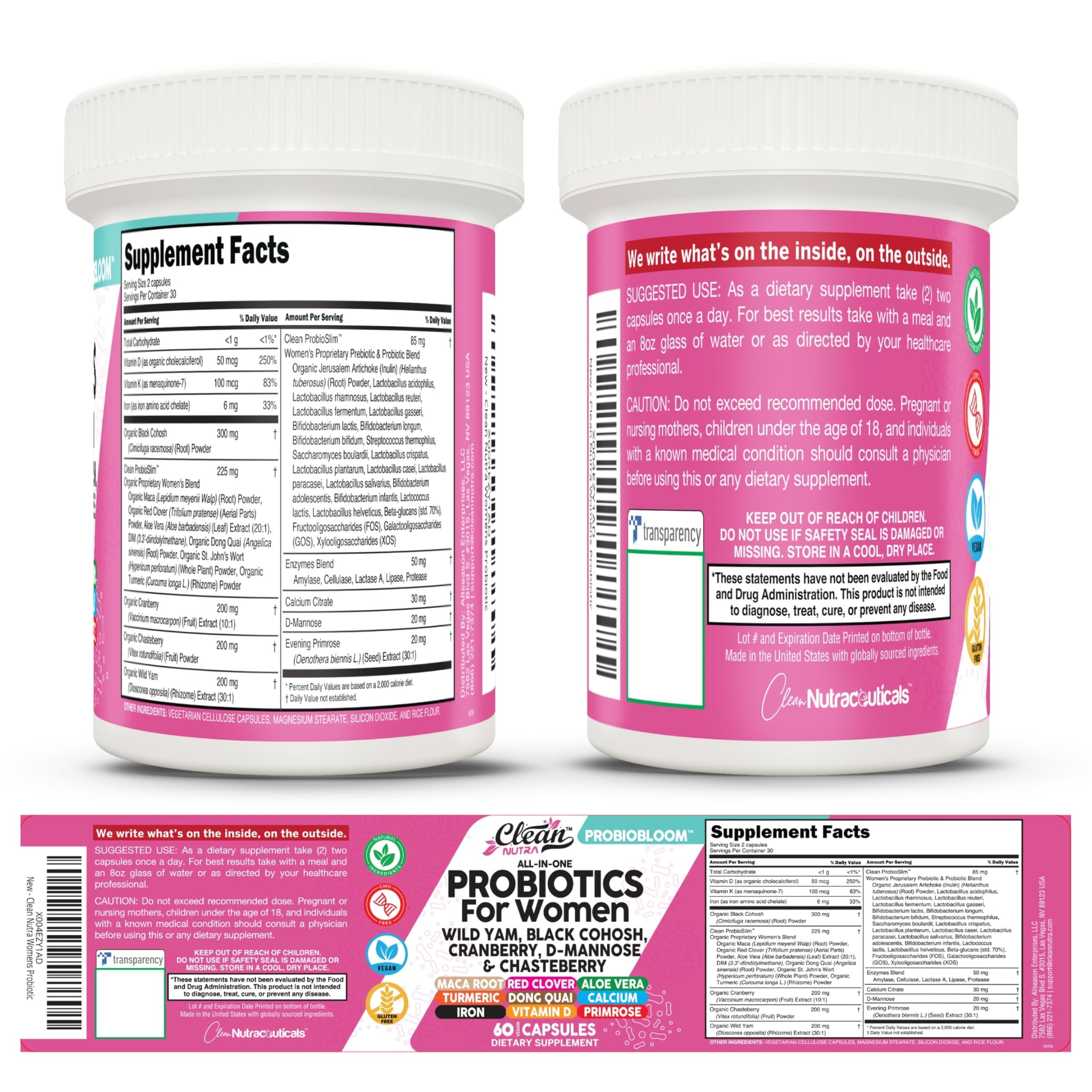 Clean Nutraceuticals Probiotics for Women with D Mannose, Cranberry Extract, Wild Yam, Chasteberry - 20 Probiotic and Prebiotic Strains - PH Balance, Womens Probiotic for Digestive Health - 60 Count Clean Nutraceuticals buy supplements canada
