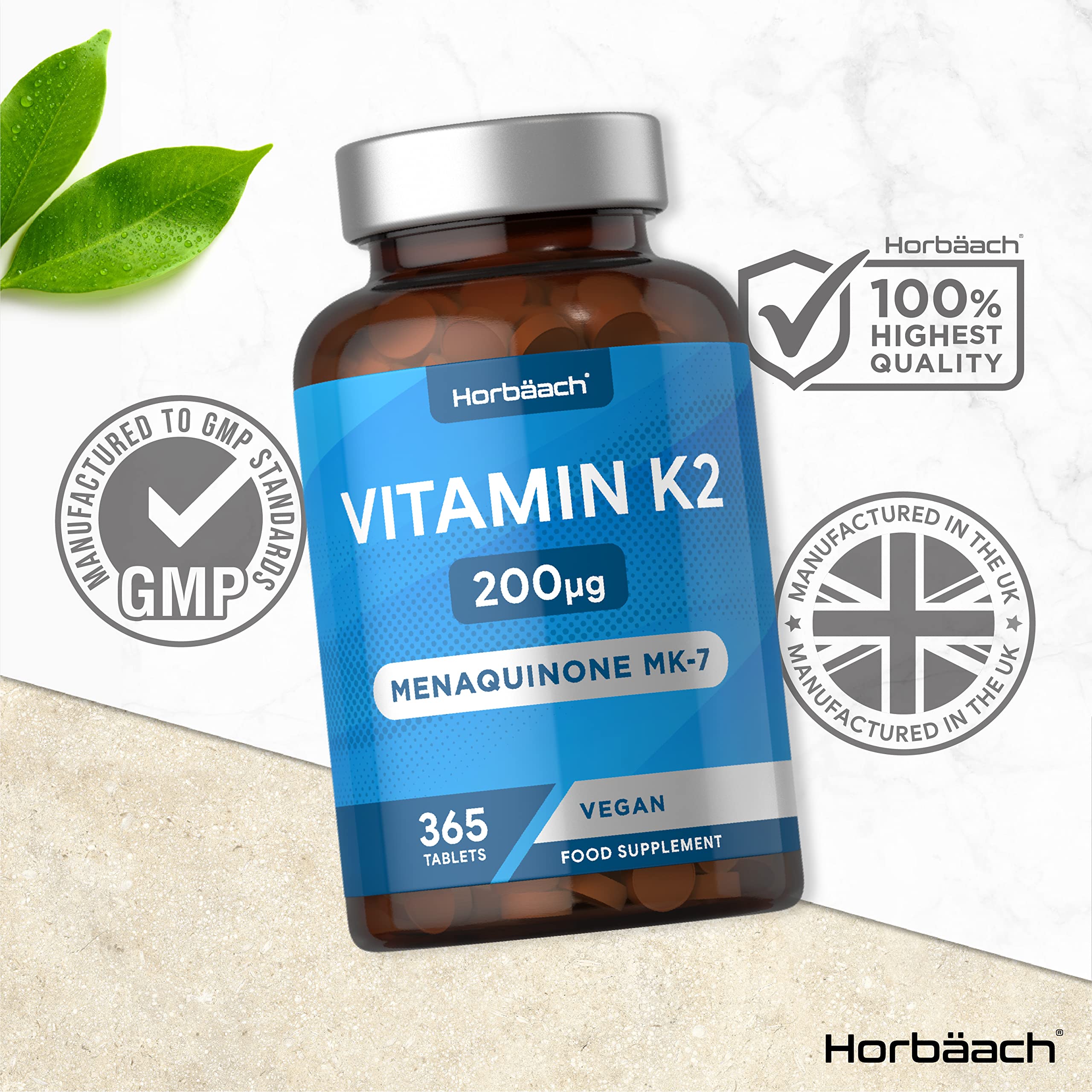 Vitamin K2 MK7 200ug | 365 Vegan Tablets | High Strength Menaquinone MK-7 Horbäach buy supplements canada
