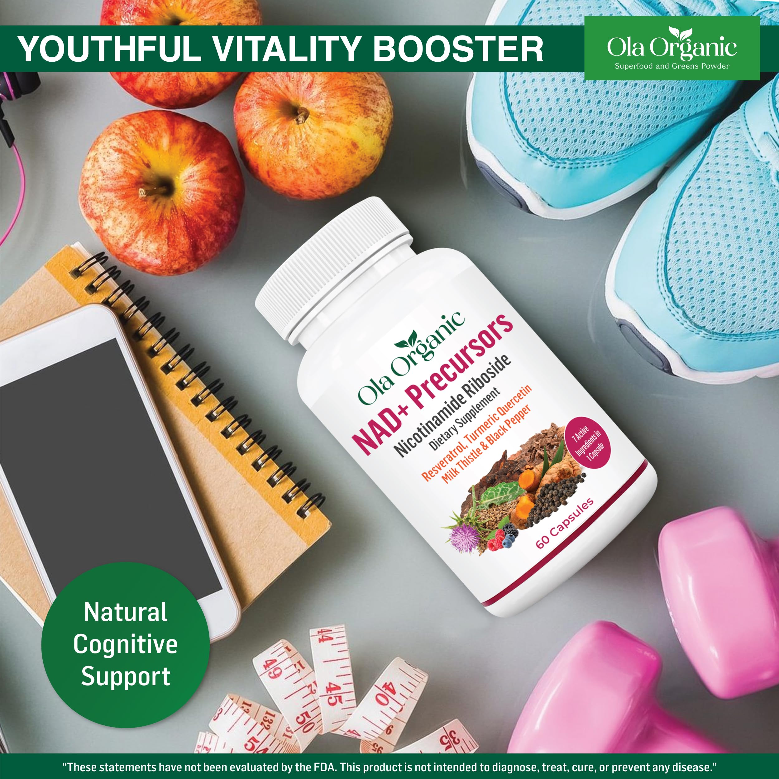 NAD+ Supplement & NAD Booster for Cellular Energy and Healthy Aging – Plant-Based Nicotinamide Riboside (NR) NAD Precursor with Resveratrol, Turmeric, Quercetin, Rhodiola & Milk Thistle – 60 Capsules Ola Organic buy supplements canada