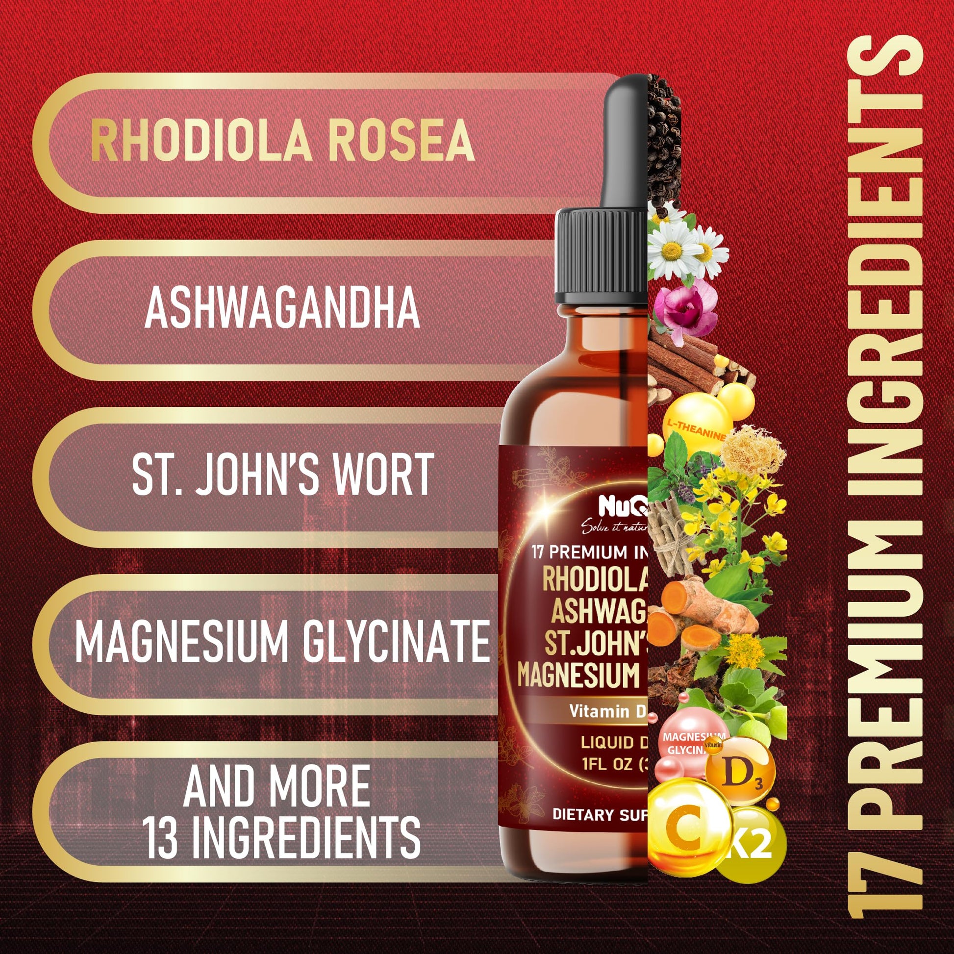 NUQIIT 17in1 Rhodiola Rosea Liquid Drops Tincture w/Ashwagandha Magnesium, L-Theanine. Ultra Rhodiola Cortisol Supplement, Rhodiola Root for Mood, Energy - 1 FL Oz - 60 Day Supply NUQIIT buy supplements canada