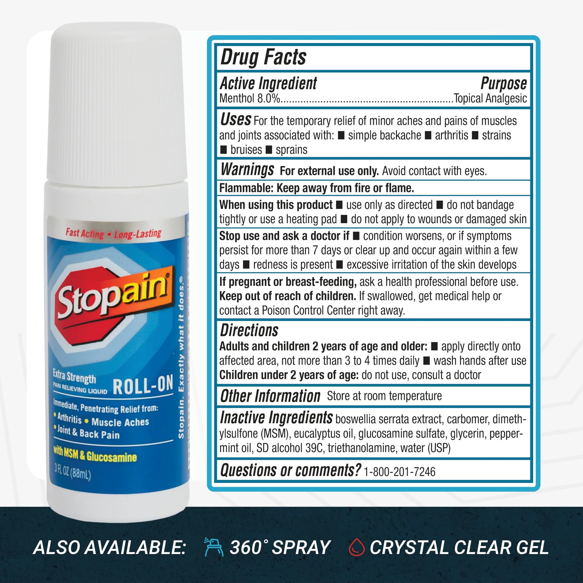 Stopain Pain Relief Roll On Gel 3oz, USA Made, Max Strength Fast Acting with MSM, Glucosamine, Menthol for Arthritis, Lower Back, Knee, Neck, HSA FSA Approved OTC Topical Analgesic Products Stopain buy supplements canada