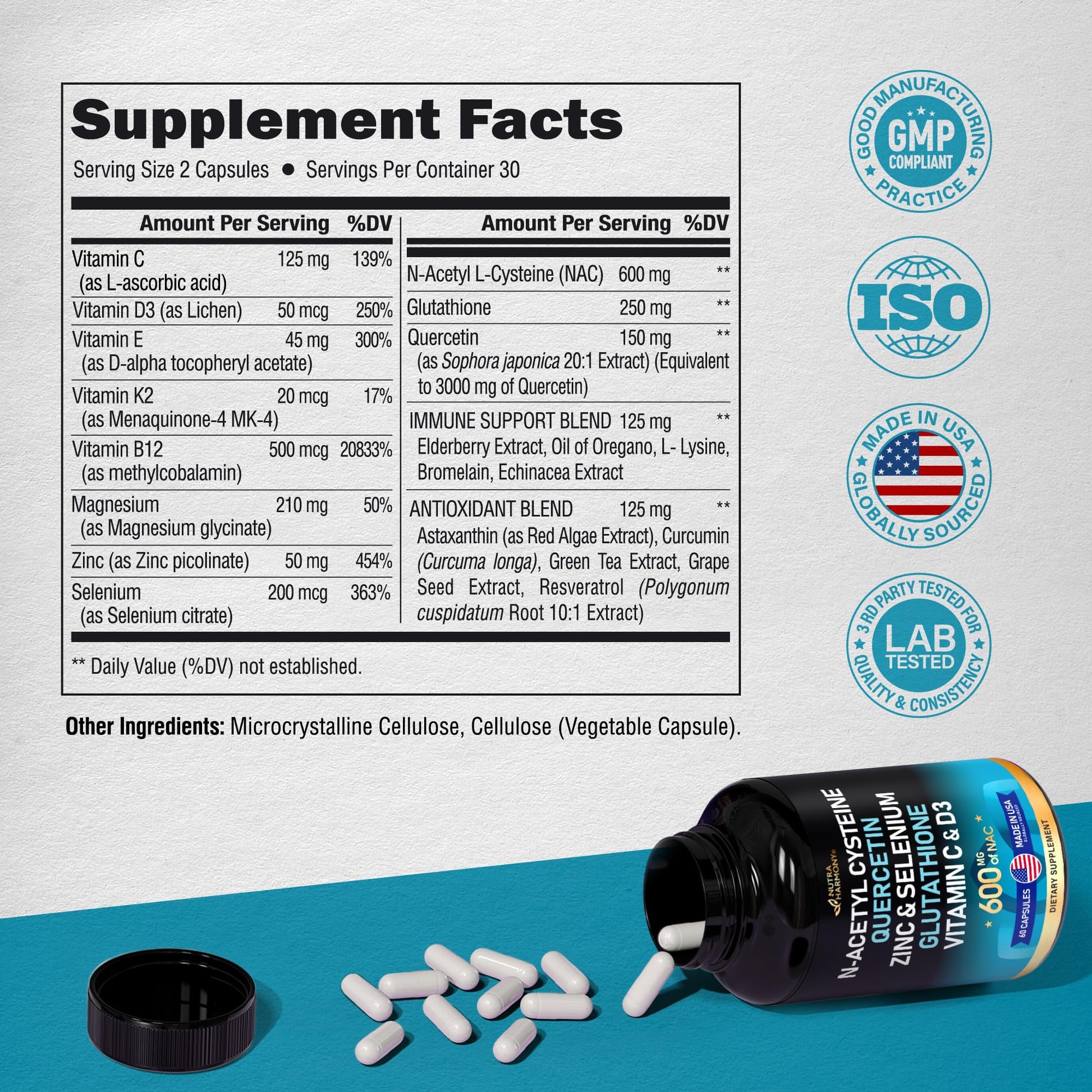 NAC 600 mg Supplement | Quercetin | Zinc | Glutathione | Selenium | Vitamin C & D3 NUTRAHARMONY buy supplements canada