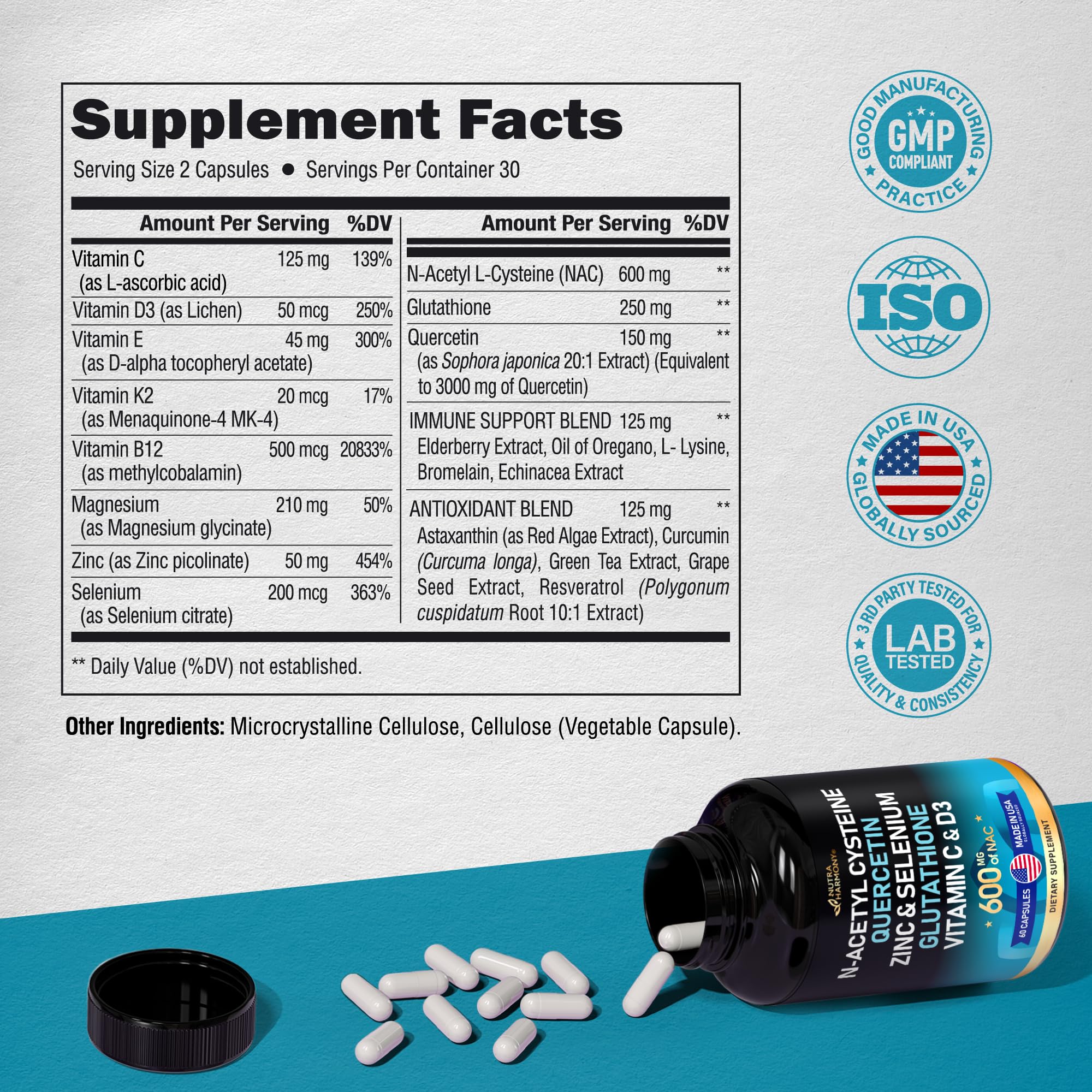 NAC 600 mg Supplement | Quercetin | Zinc | Glutathione | Selenium | Vitamin C & D3 NUTRAHARMONY buy supplements canada