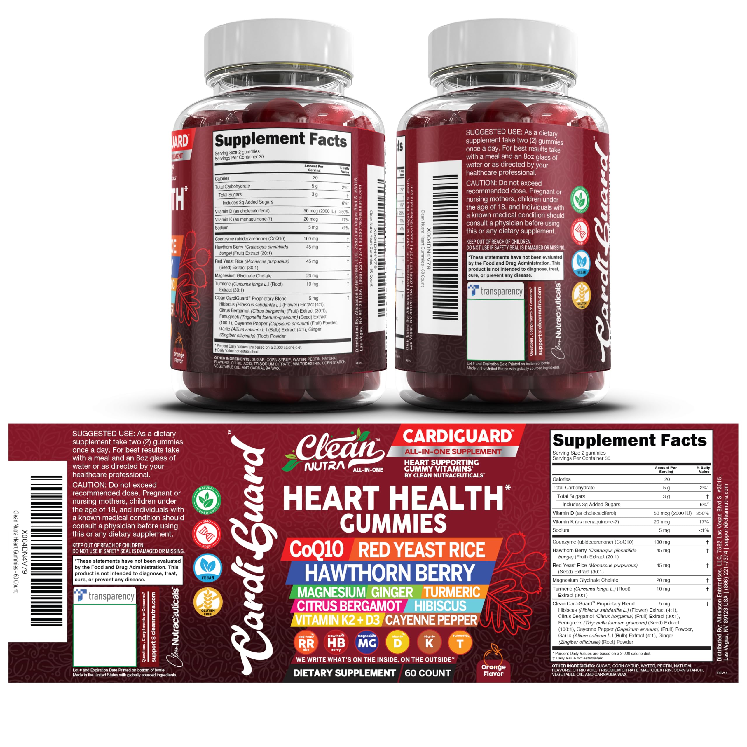 Clean Nutraceuticals Coq10 Gummies | Red Yeast Rice Hawthorn Berry Ginger Turmeric Citrus Bergamot Hibiscus Vitamin K2+D3 Magnesium Glycinate Cayenne Pepper Fenugreek Orange Flavor CardiGuard Clean Nutraceuticals buy supplements canada