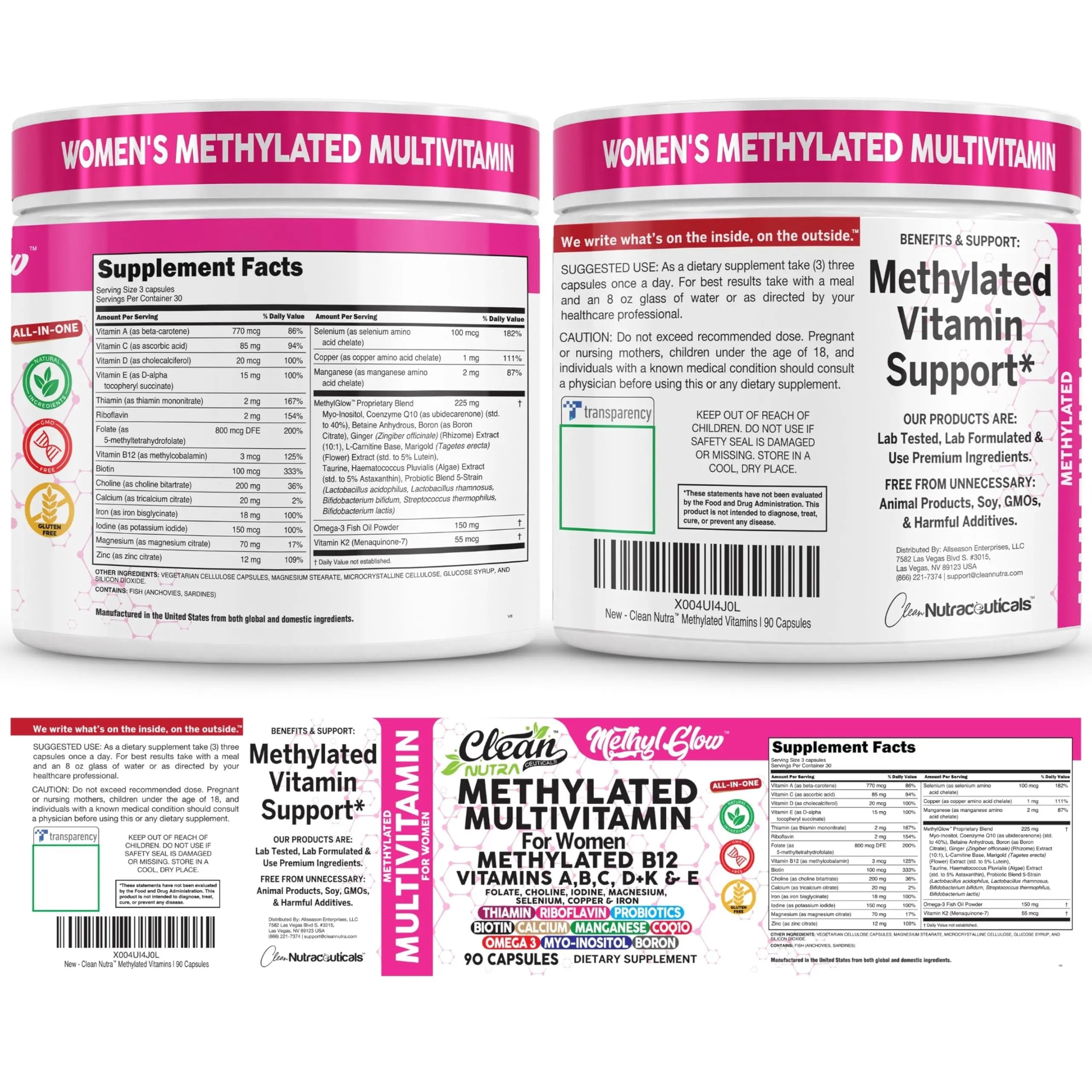 Methylated Multivitamin for Women Vitamins B6 Methyl B12 A B C D K E Folate Choline Omega 3 Thiamine Riboflavin Iron Clean Nutraceuticals buy supplements canada