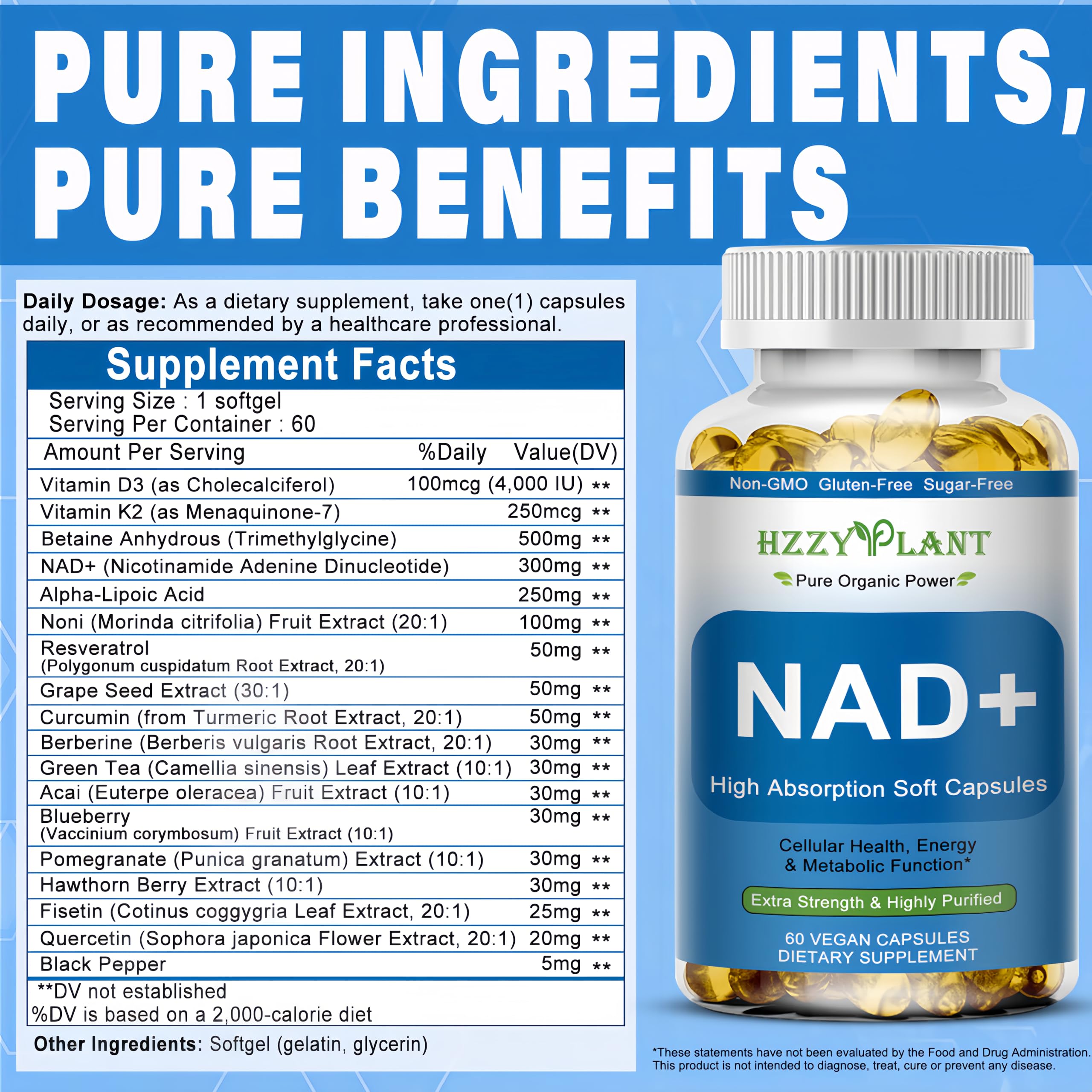 HZZYPLANT NAD+ Supplement, High Absorption NAD Supplements for Women for Cellular Energy Immune Focus Health, NAD Resveratrol Softgel Capsules, NAD Liquid Softgels Supplement, Non-GMO, 2 Month Supply HZZYPLANT buy supplements canada