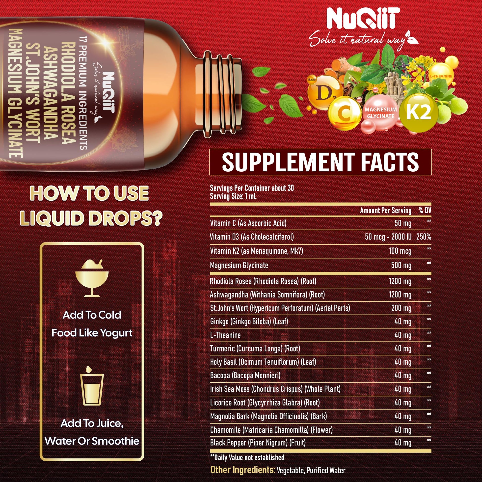 NUQIIT 17in1 Rhodiola Rosea Liquid Drops Tincture w/Ashwagandha Magnesium, L-Theanine. Ultra Rhodiola Cortisol Supplement, Rhodiola Root for Mood, Energy - 1 FL Oz - 60 Day Supply NUQIIT buy supplements canada