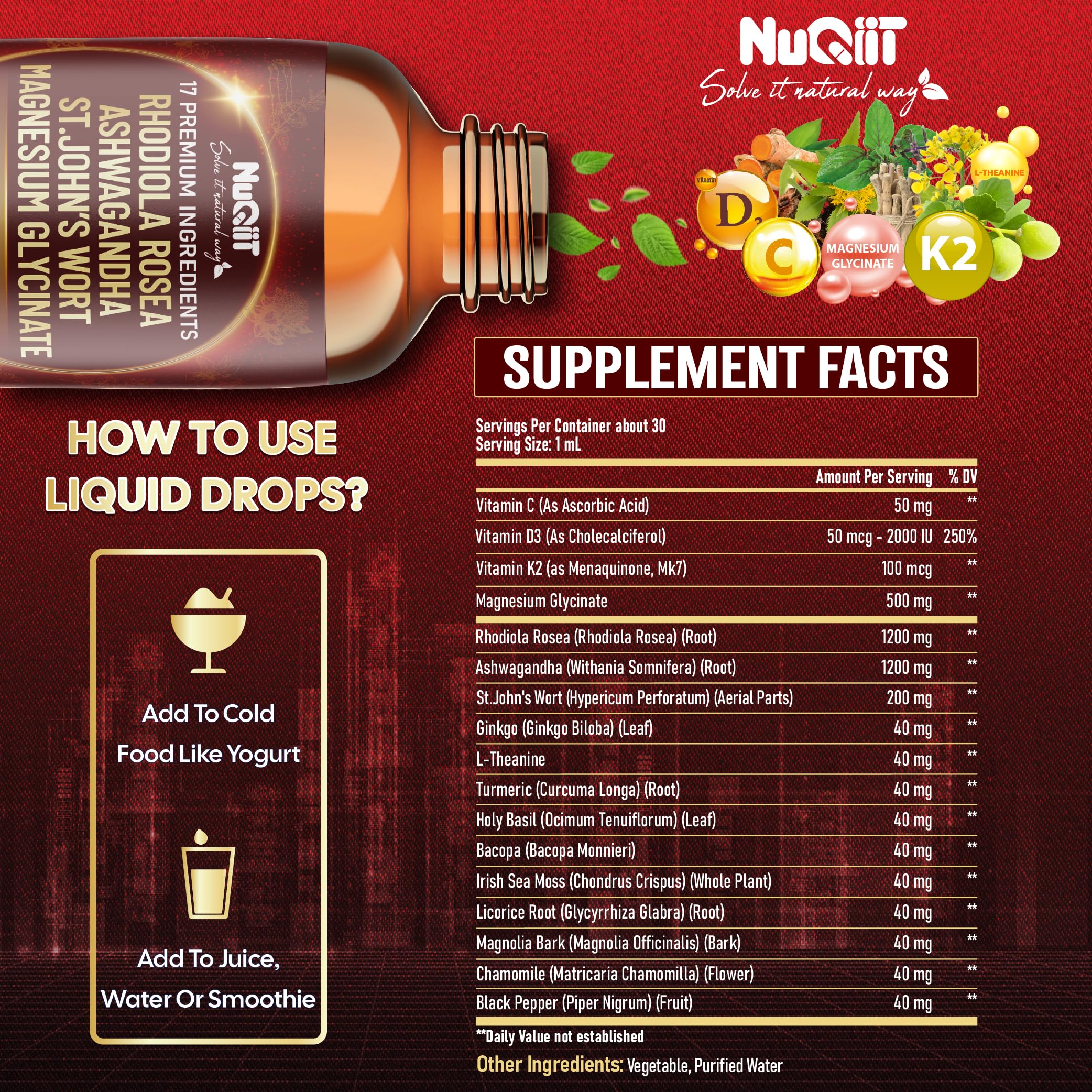 NUQIIT 17in1 Rhodiola Rosea Liquid Drops Tincture w/Ashwagandha Magnesium, L-Theanine. Ultra Rhodiola Cortisol Supplement, Rhodiola Root for Mood, Energy - 1 FL Oz - 60 Day Supply NUQIIT buy supplements canada
