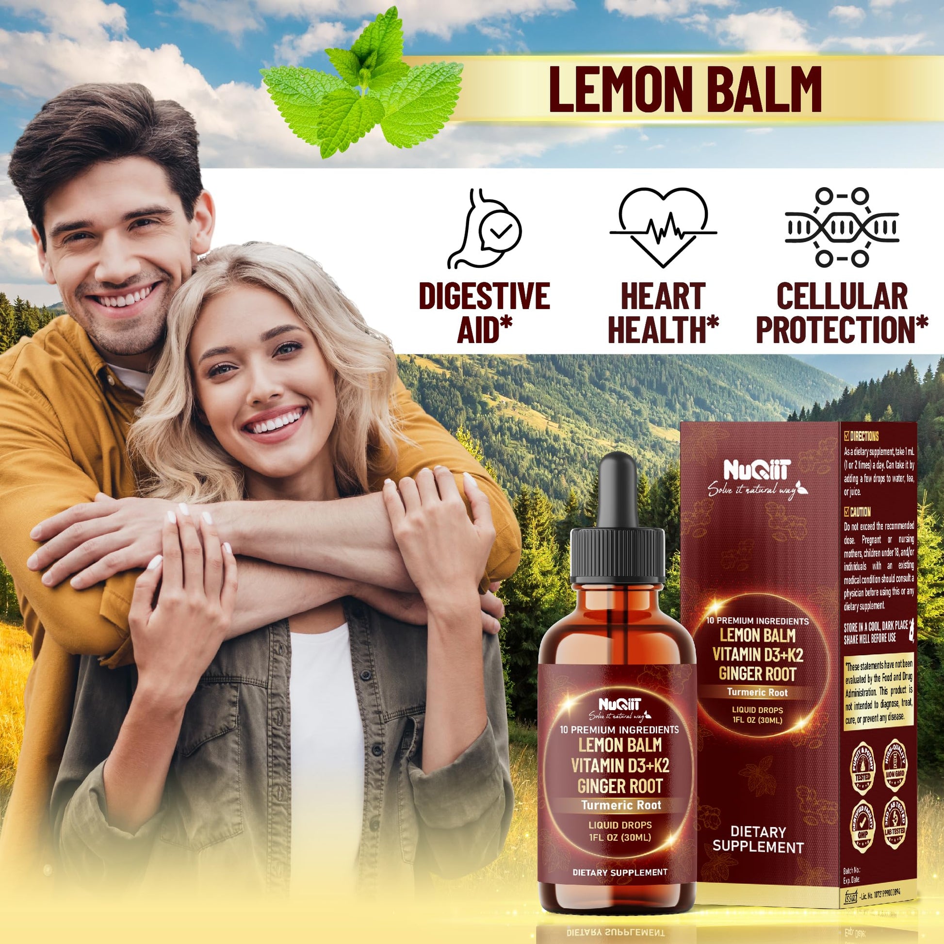 NUQIIT 10in1 Lemon Balm Tincture Blend Includes Vitamin D3, Vitamin K2, Lemon Balm, Ginger, Turmeric, Ceylon Cinnamon and More - 1 FL Oz - 60 Day Supply NUQIIT buy supplements canada