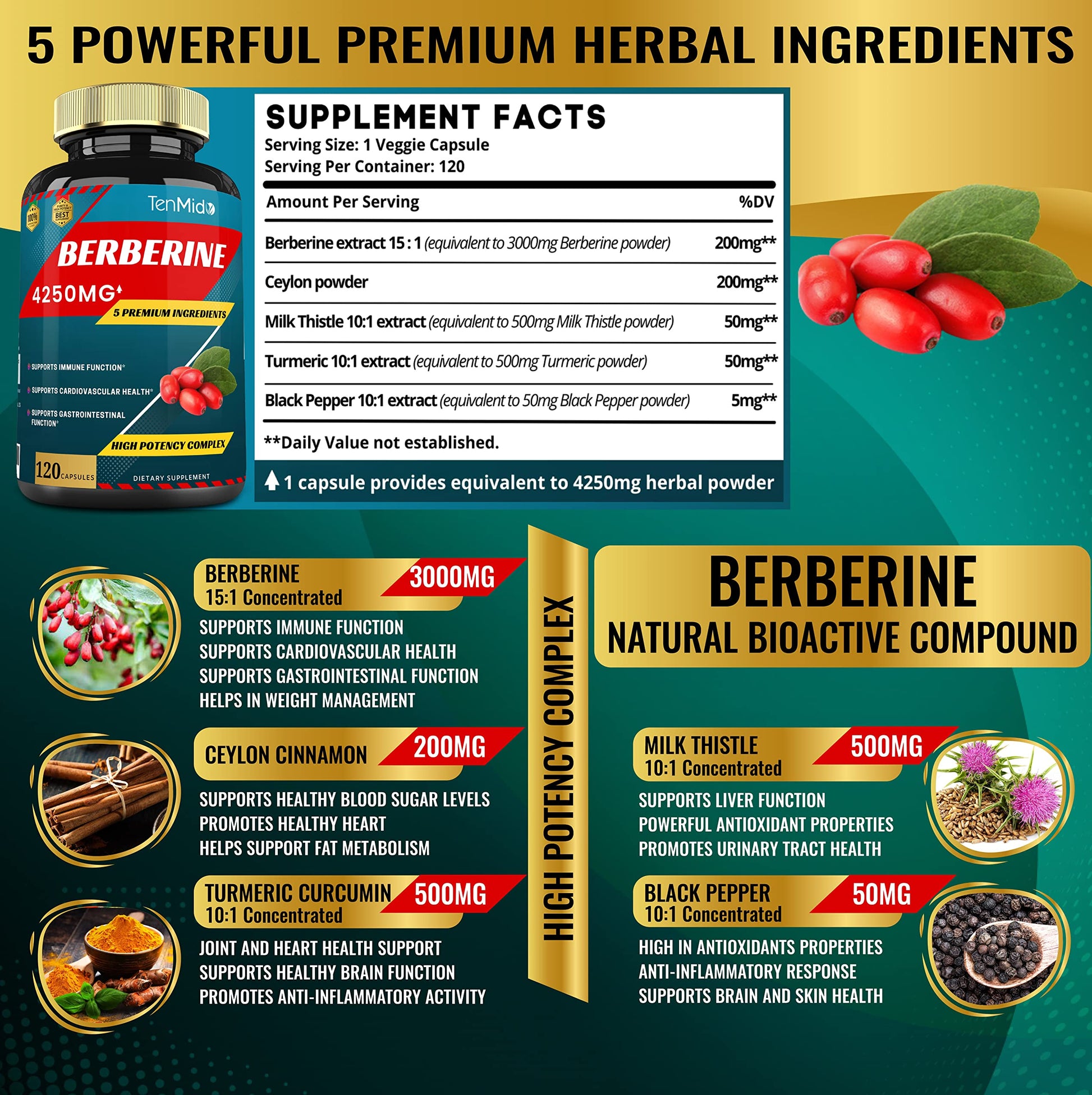 Berberine Extract Capsules 4250mg, 4 Months Supply & Ceylon, Milk Thistle, Turmeric Tenmido buy supplements canada