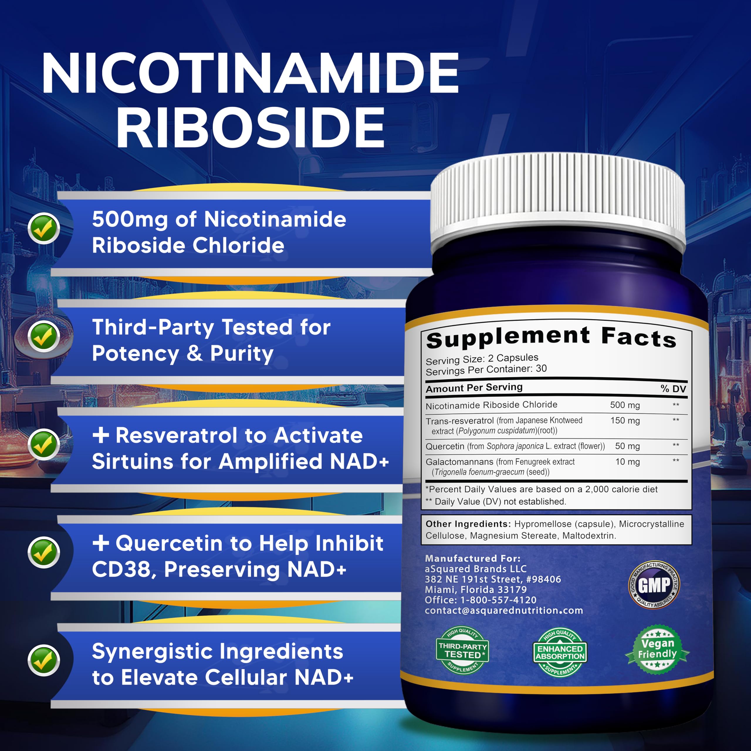 aSquared Nutrition NAD Resveratrol Supplement - NAD+ Nicotinamide Riboside 500mg (Vitamin B3) Plus Trans-Resveratrol & Quercetin - NMN Alternative for Men & Women - 60 Capsules aSquared Nutrition buy supplements canada
