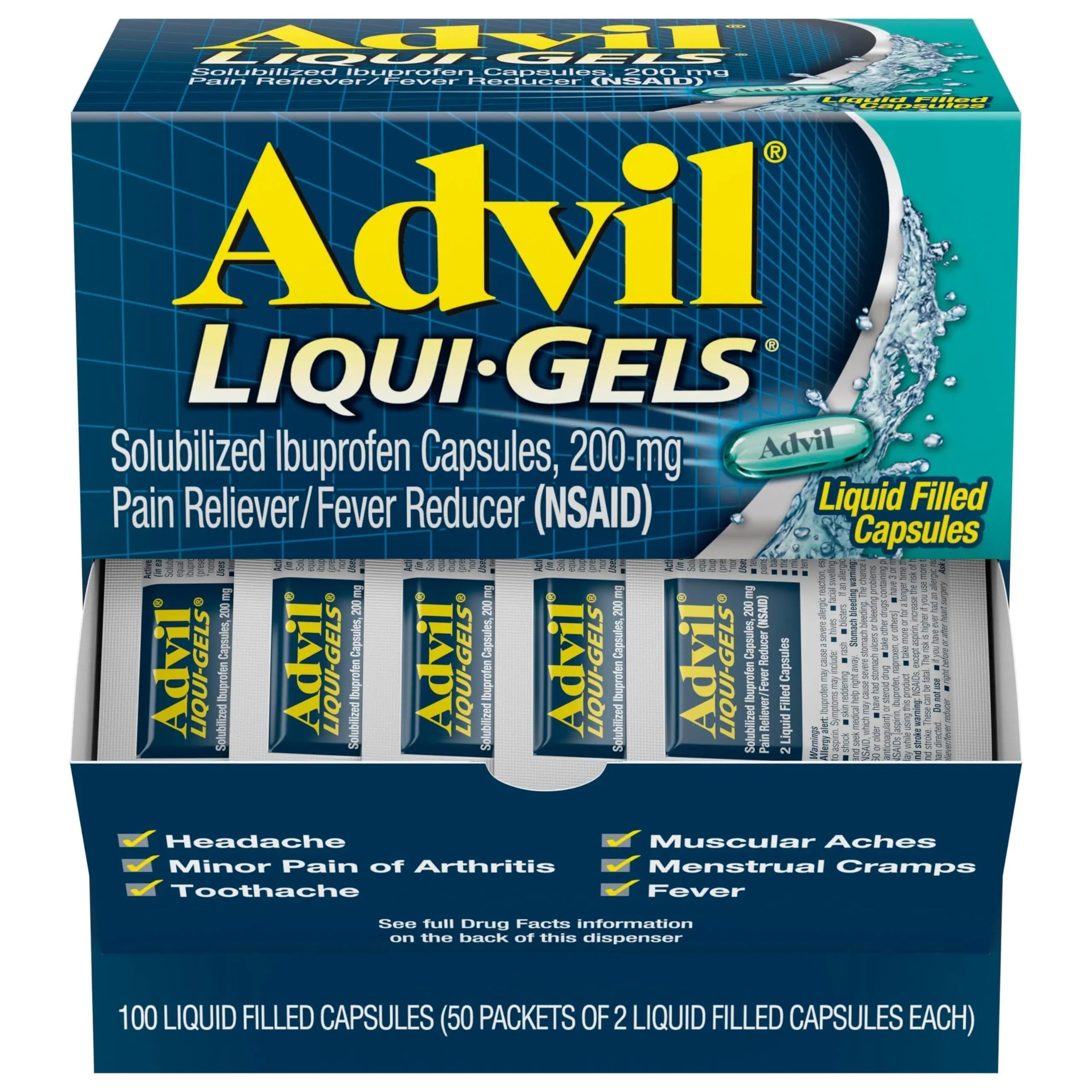 Advil Liqui-Gels Pain Reliever and Fever Reducer, Pain Medicine for Adults with Ibuprofen 200mg for Headache, Backache, Menstrual Pain and Joint Pain Relief - 50x2 Liquid Filled Capsules Advil buy supplements canada