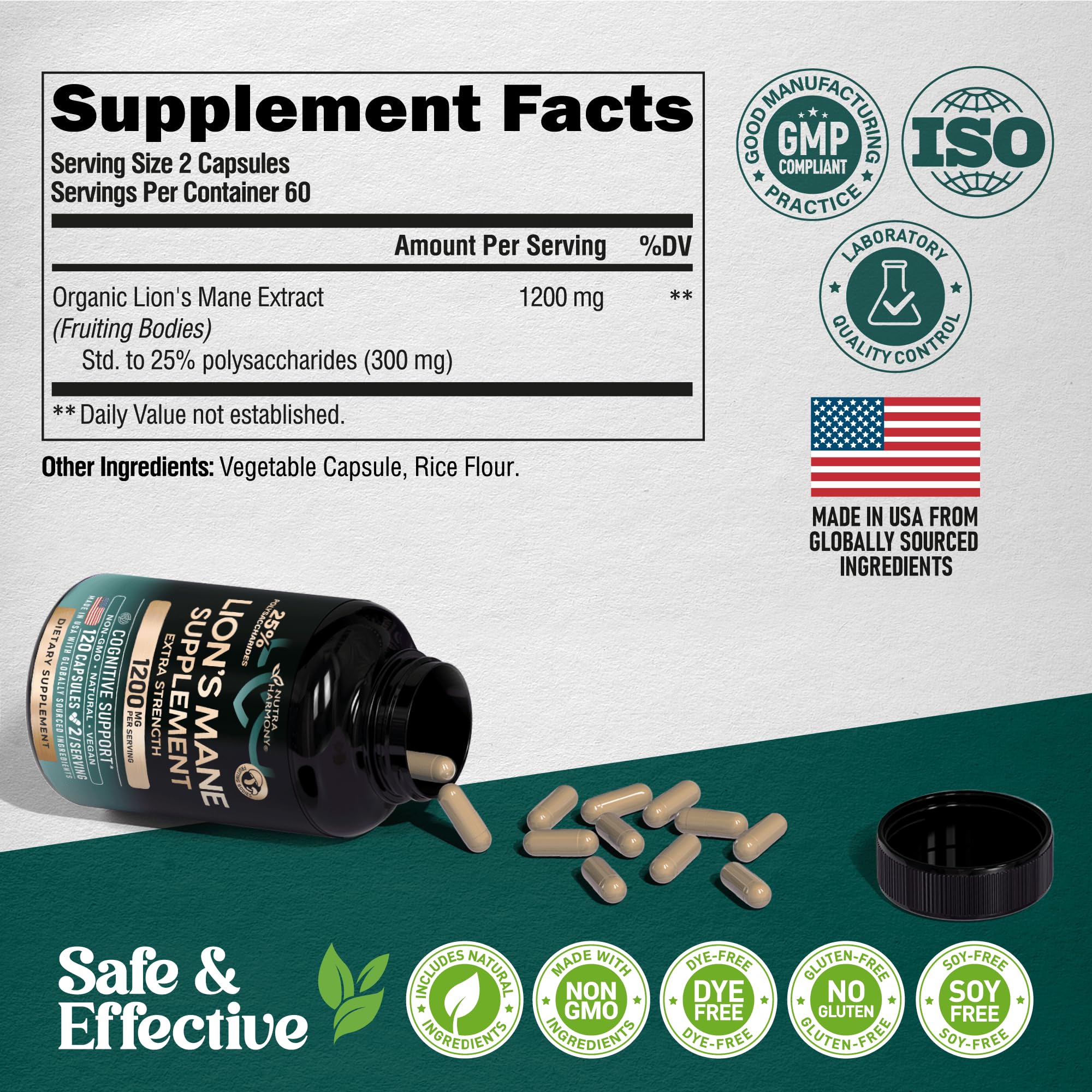 Lions Mane Supplement Capsules - Organic Lions Mane - Made in USA - Fruiting Bodies Extract - 1200 mg, 25% Polysaccharides - Memory & Focus Support NUTRAHARMONY buy supplements canada