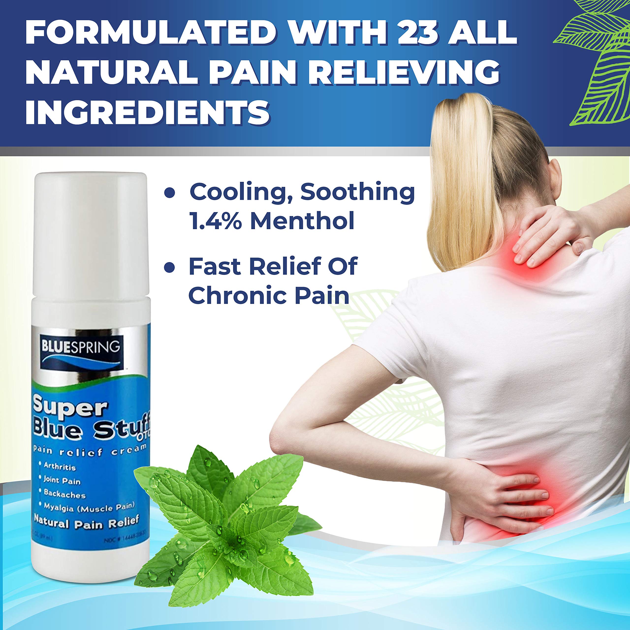 Super Blue Stuff Natural Pain Relief roll on with Emu Oil by BlueSpring- Pain relief rub Anti Inflammatory Analgesic Cream for Back, Knee, Joint, Muscle, Arthritis, and neck Pain Relief- 3 Oz roll-on. Emu Therapy buy supplements canada
