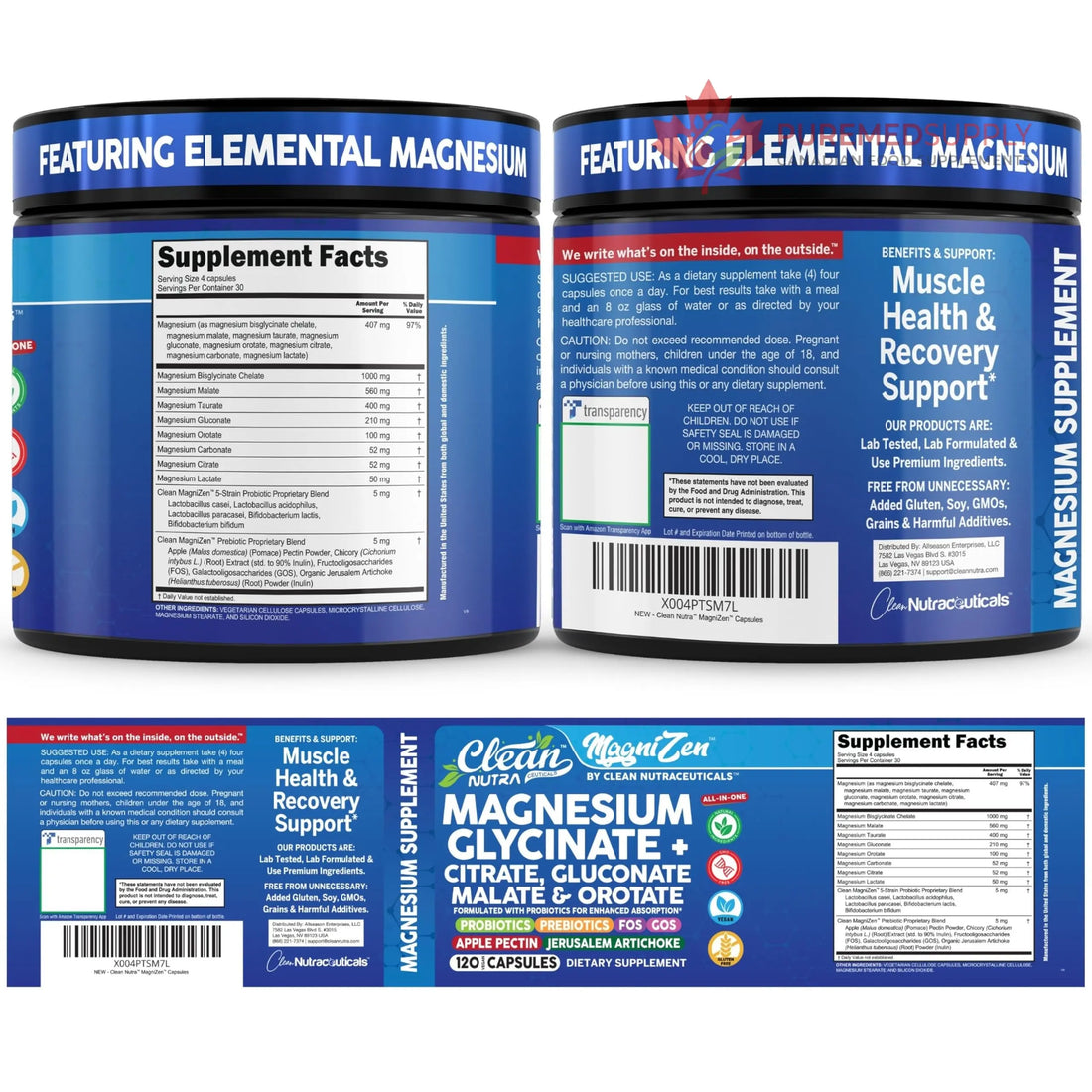 Clean Nutra Magnesium Glycinate Citrate Malate Orotate Taurate Supplement Complex + 10 Strain Probiotic Prebiotics FOS GOS Inulin Sleep Calm Support Apple Pectin – 120 Vegan Capsules Clean Nutraceuticals buy supplements canada