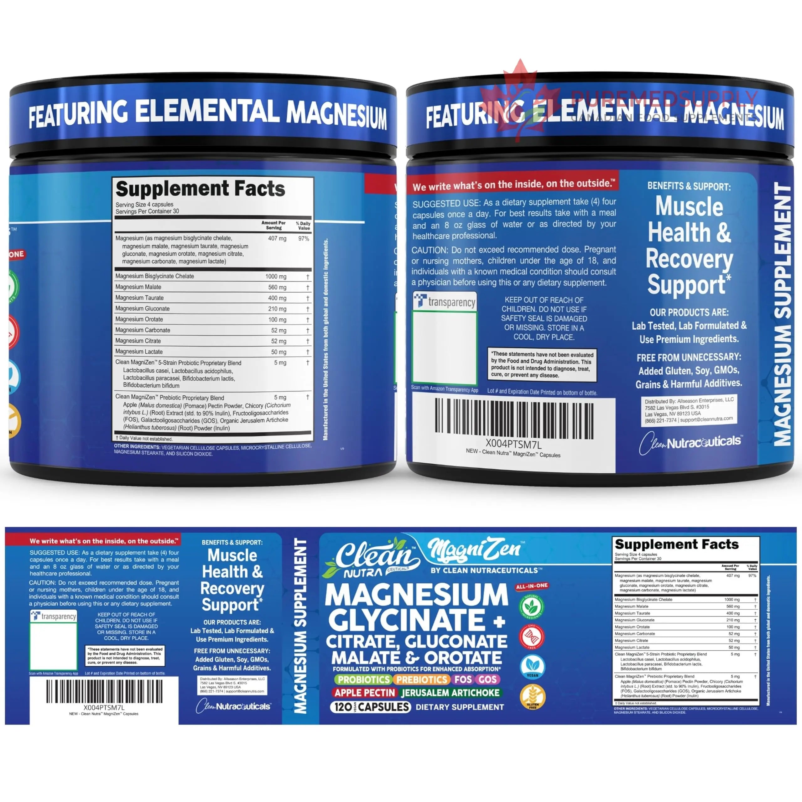 Clean Nutra Magnesium Glycinate Citrate Malate Orotate Taurate Supplement Complex + 10 Strain Probiotic Prebiotics FOS GOS Inulin Sleep Calm Support Apple Pectin – 120 Vegan Capsules Clean Nutraceuticals buy supplements canada