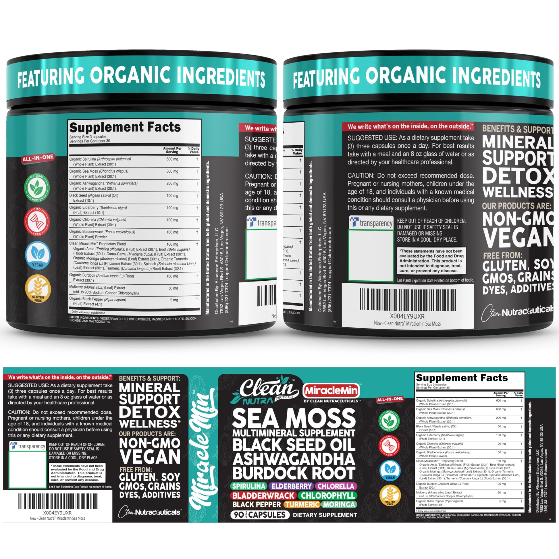 Clean Nutra Organic Sea Moss Capsules with Ashwagandha, Black Seed Oil, Burdock Root, Bladderwrack, Moringa, Chlorella, Spirulina, Turmeric, Elderberry, Amla – 90 Vegan Capsules – MiracleMin Clean Nutraceuticals buy supplements canada