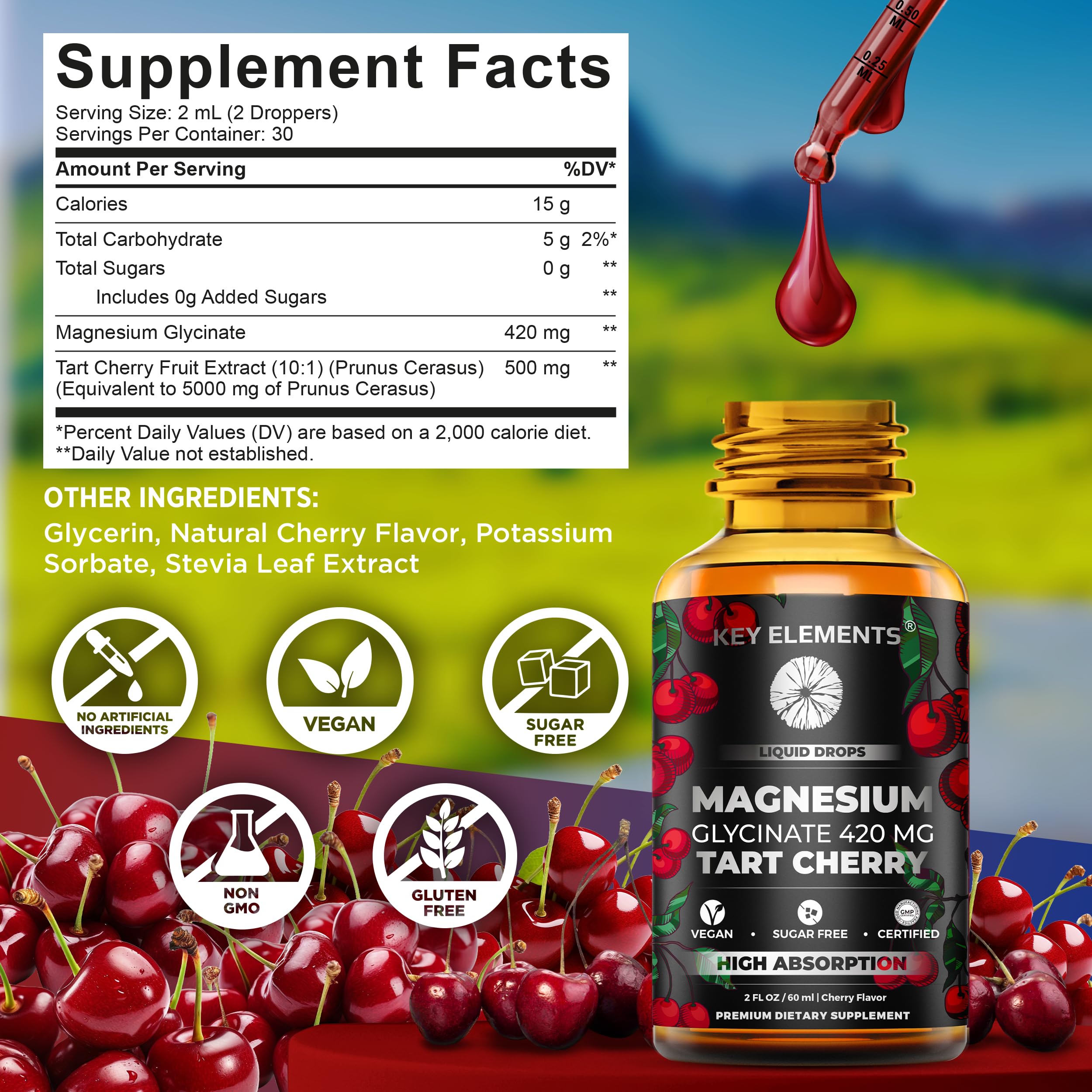 Liquid Magnesium Glycinate 420 Mg with Natural Tart Cherry Extract | Magnesium Glycinate Drops Supplement for Sleep, Mood & Mobility Support | Tart Cherry Extract KEY ELEMENTS buy supplements canada