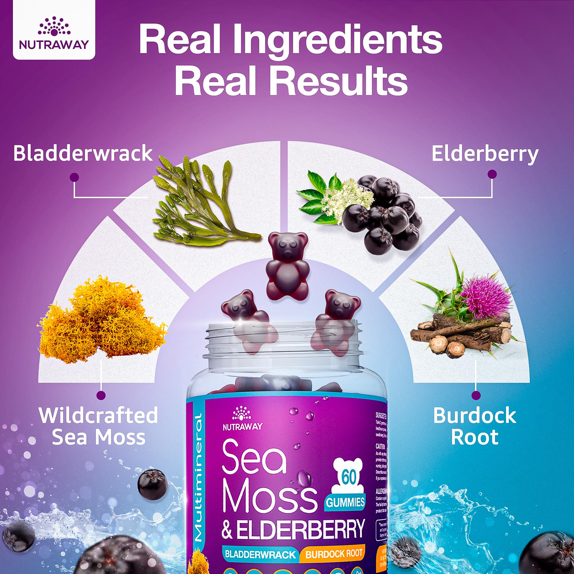 NUTRAWAY LABS Sea Moss Gummies with Elderberry, Vitamin C & Zinc - 102 Minerals from Irish Sea Moss, Bladderwrack & Burdock Root for Immune Support - Vegan Seamoss Supplement (Pack of 1) NUTRAWAY LABS buy supplements canada