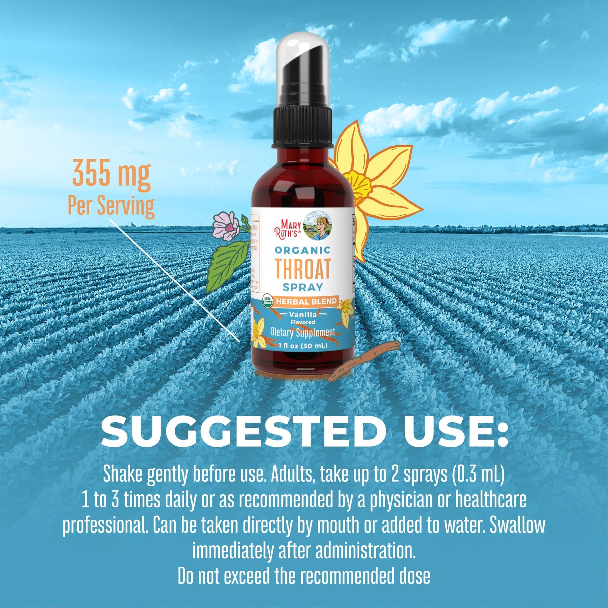 MaryRuth Organics USDA Organic Throat Spray with Mullein Leaf | Marshmallow Root & Licorice Root & Thyme Leaf | Vanilla | 4 Herbal Blend | Non-GMO | Vegan | Gluten Free | 1 Fl Oz | Up to 100 Servings MARYRUTH'S buy supplements canada