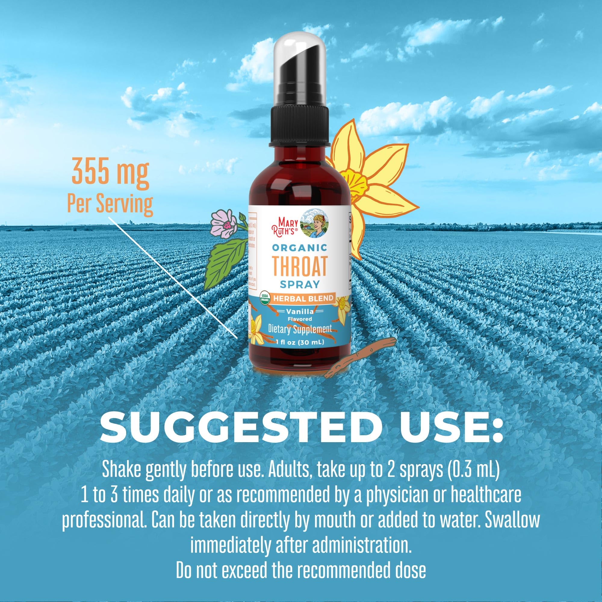MaryRuth Organics USDA Organic Throat Spray with Mullein Leaf | Marshmallow Root & Licorice Root & Thyme Leaf | Vanilla | 4 Herbal Blend | Non-GMO | Vegan | Gluten Free | 1 Fl Oz | Up to 100 Servings MARYRUTH'S buy supplements canada