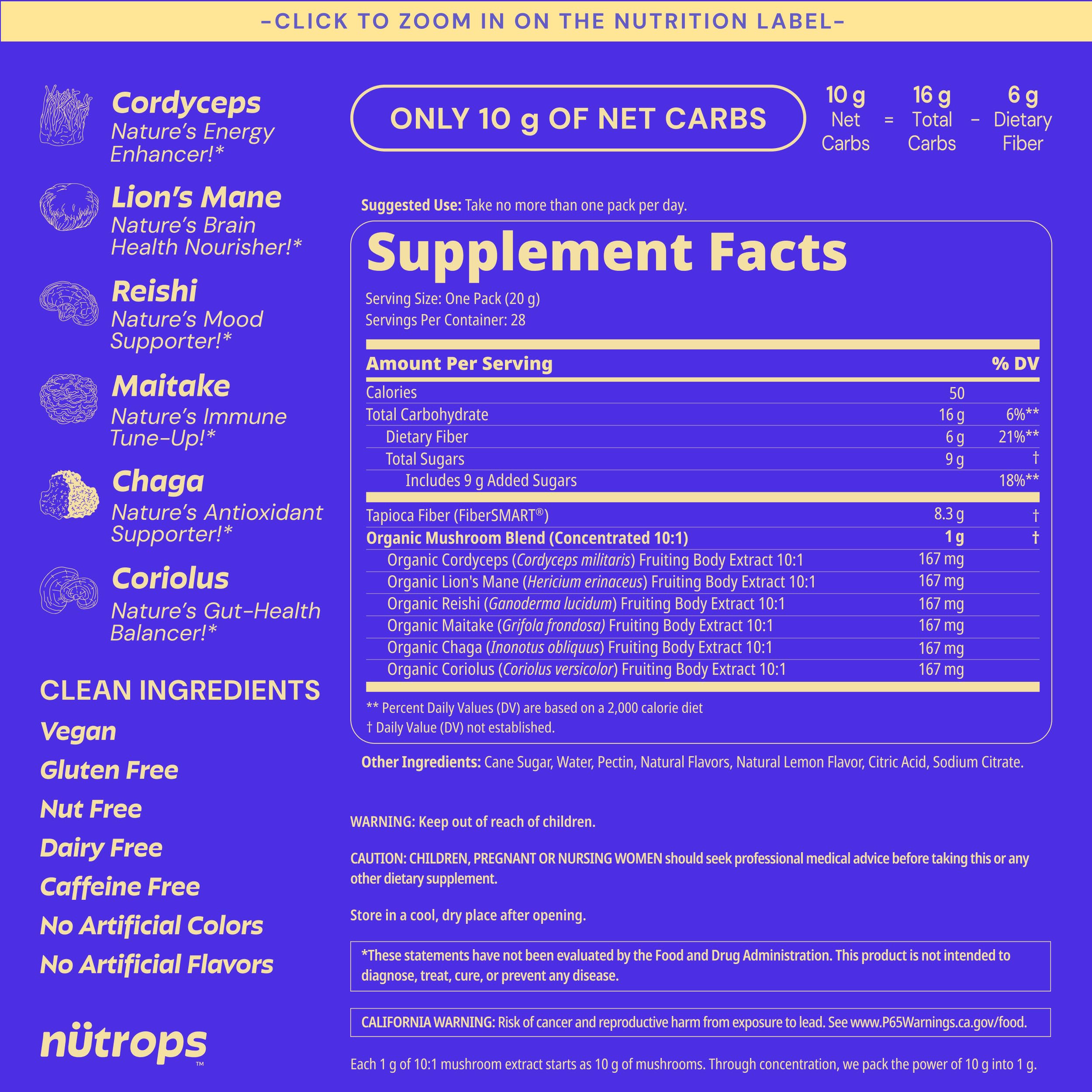 Nutrops Lions Mane Mushroom Gummies for adults, Functional Nootropics, Herbal Brain Supplement for Energy, Brain Health, Cognitive, Memory & Focus, Reishi, Chaga, Cordyceps, Coriolus, 28 daily Packs Grüns buy supplements canada
