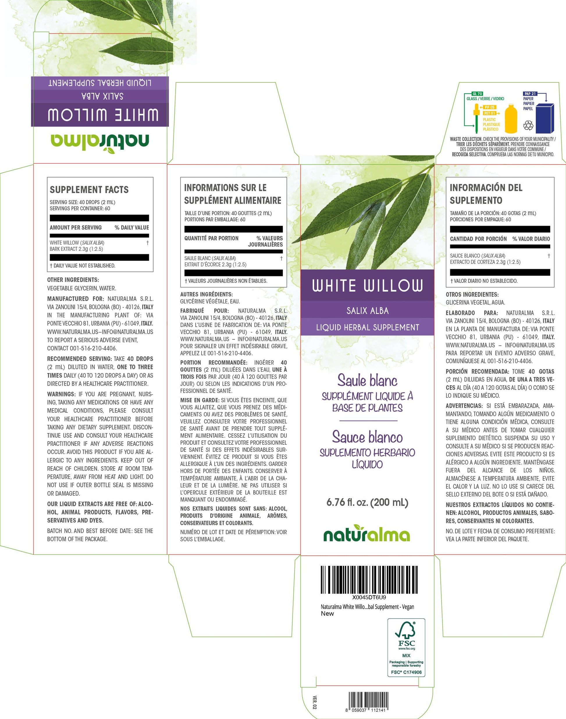 Naturalma White Willow (Salix alba) bark Alcohol-Free Tincture - 6.76 fl oz Liquid Extract in Drops - Herbal Supplement - Vegan Naturalma buy supplements canada