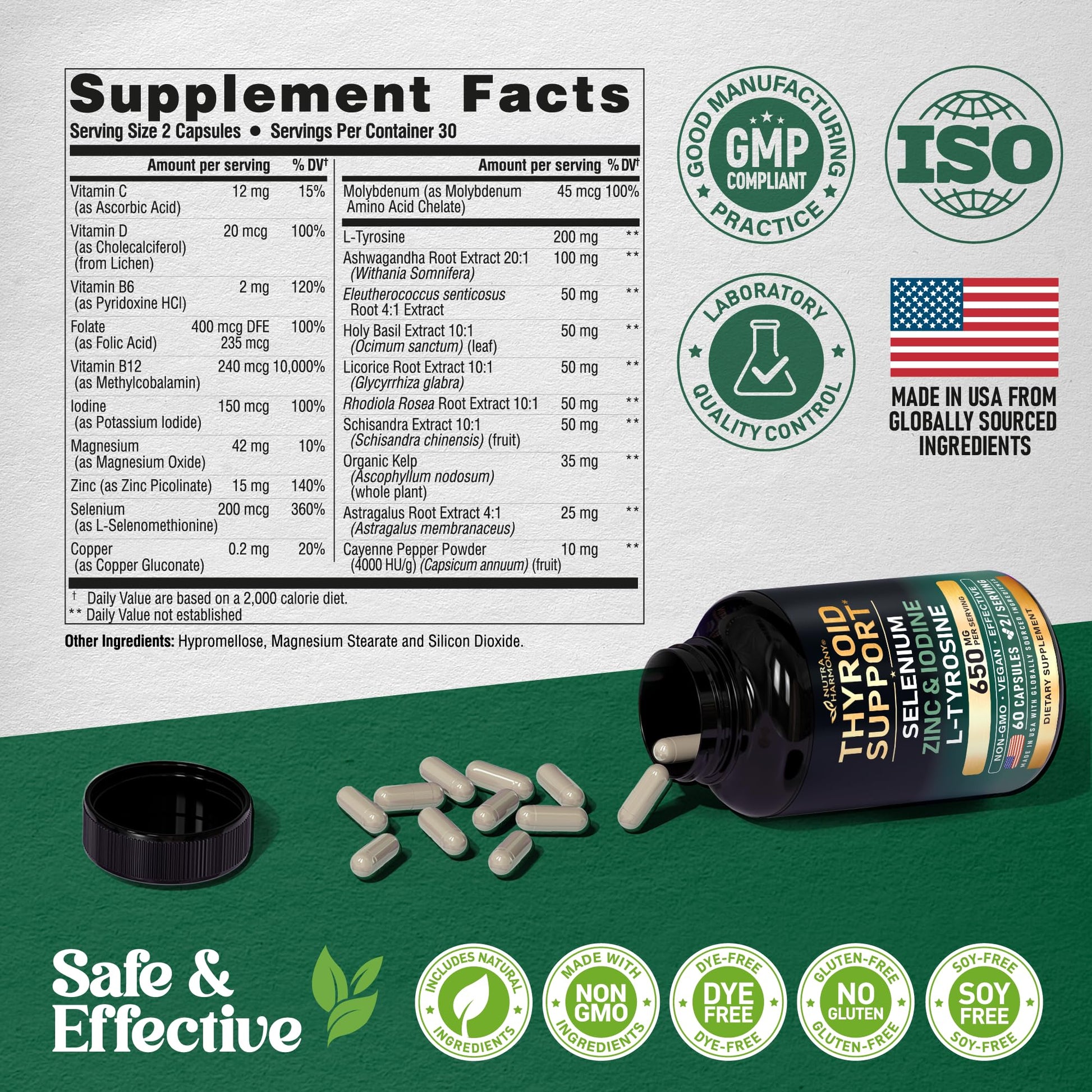 Thyroid Support for Women - Selenium 200 mcg | Astragalus | Zinc & Iodine | L-Tyrosine | Adaptogen Herbs - 21-in-1 Antioxidant & Immune Support - Made in USA - Vegan, Non-GMO, Lab Tested - 60 Capsules NUTRAHARMONY buy supplements canada