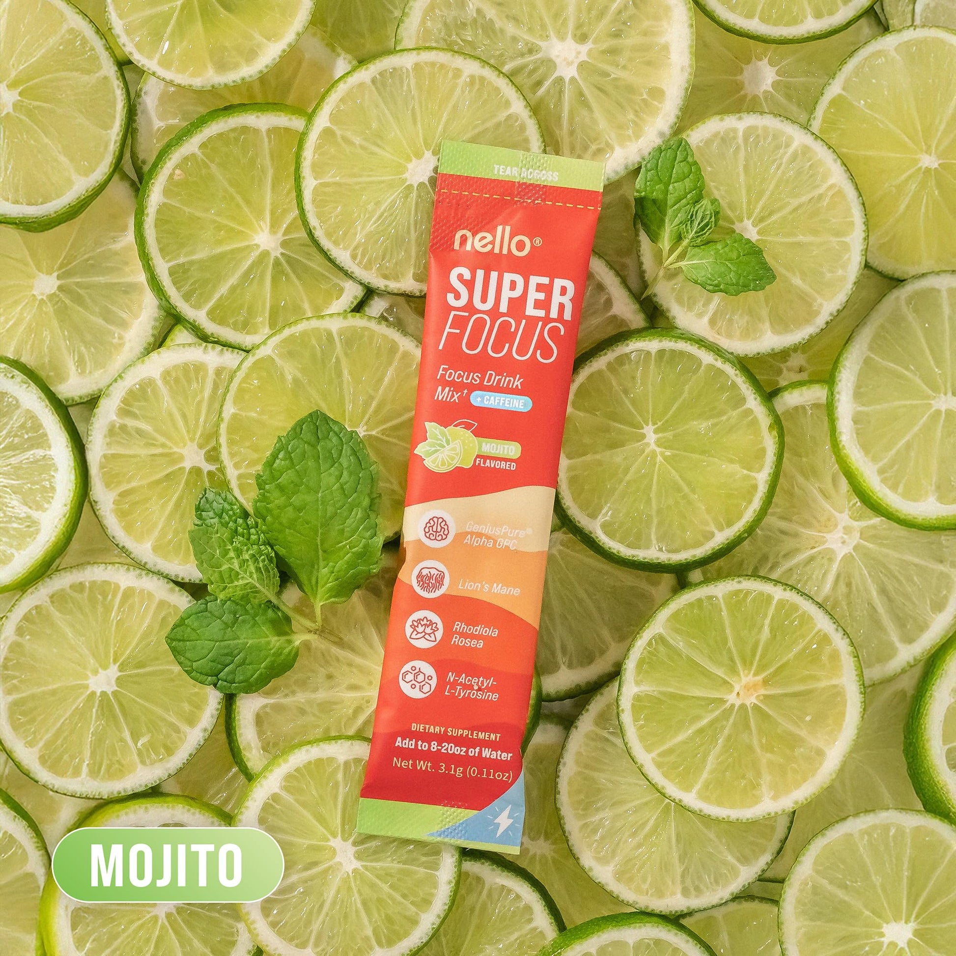 Nello Superfocus Mojito with Caffeine Nootropic Focus Drink Mix, 20 On-The-Go Packets, Alpha GPC, Lions Mane, Rhodiola, Sugar-Free Nello buy supplements canada