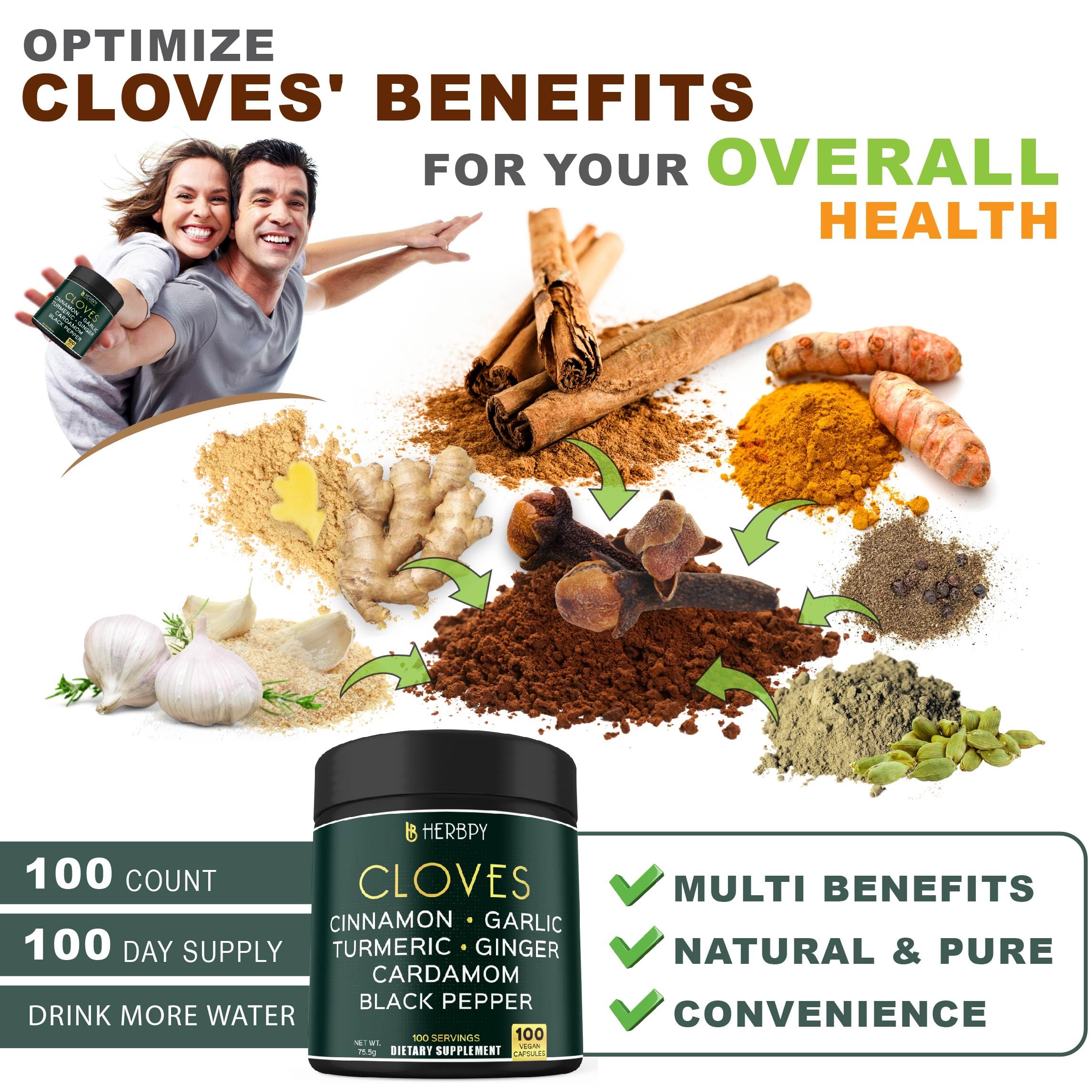 Herbpy 7in1 Clove Supplement Rich in Vitamins & Minerals Supports Digestion, Immune & Heart Health with Cinnamon, Turmeric, Ginger, Cardamom, Garlic & Black Pepper - 100 Vegan Capsules Herbpy buy supplements canada