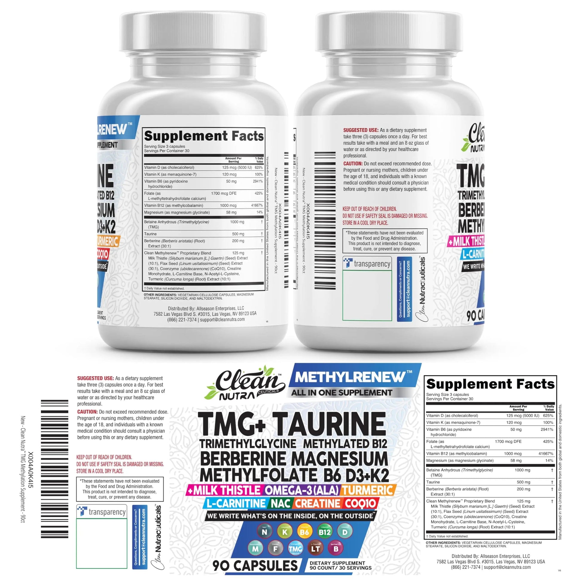 Clean Nutra TMG Supplements 1000mg | Methylated Multivitamin for Women Men | Taurine B6 Vitamins B12 D3 K2 Trimethylglycine Magnesium Clean Nutraceuticals buy supplements canada