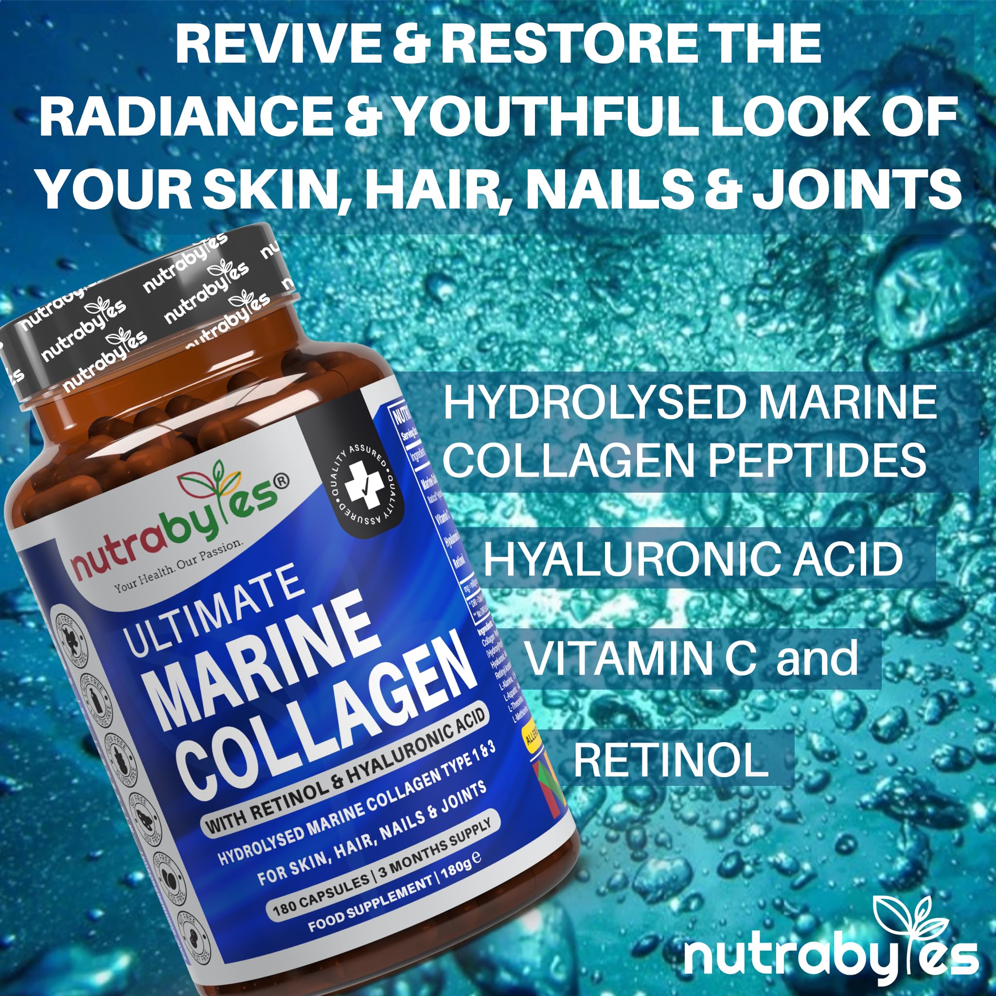High Strength Marine Collagen with Hyaluronic Acid, Retinol and Vitamin C | 180 Capsules - 3 Months Supply NUTRABYTES buy supplements canada