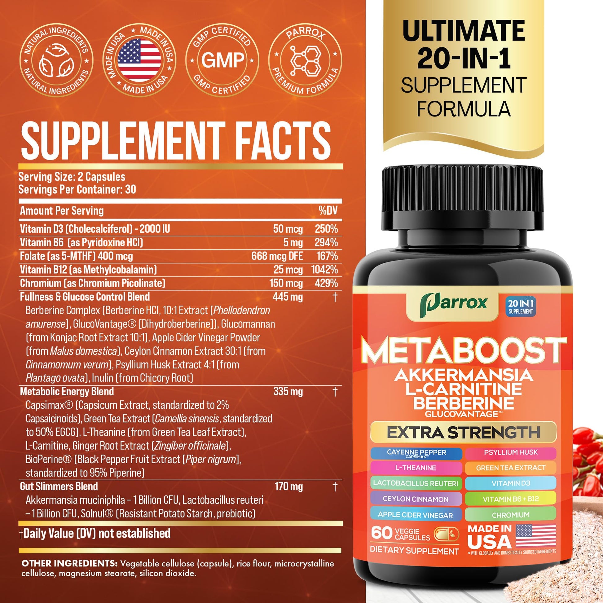 GLP-1 Booster Supplement, Akkermansia, L-Carnitine, Berberine (GlucoVantage), Methylfolate, Methylated B12, Chromium, Capsimax, Psyllium Husk, Probiotics Vitamins D3, B6, 20-in-1 Plant-Based (60 Caps) Parrox buy supplements canada