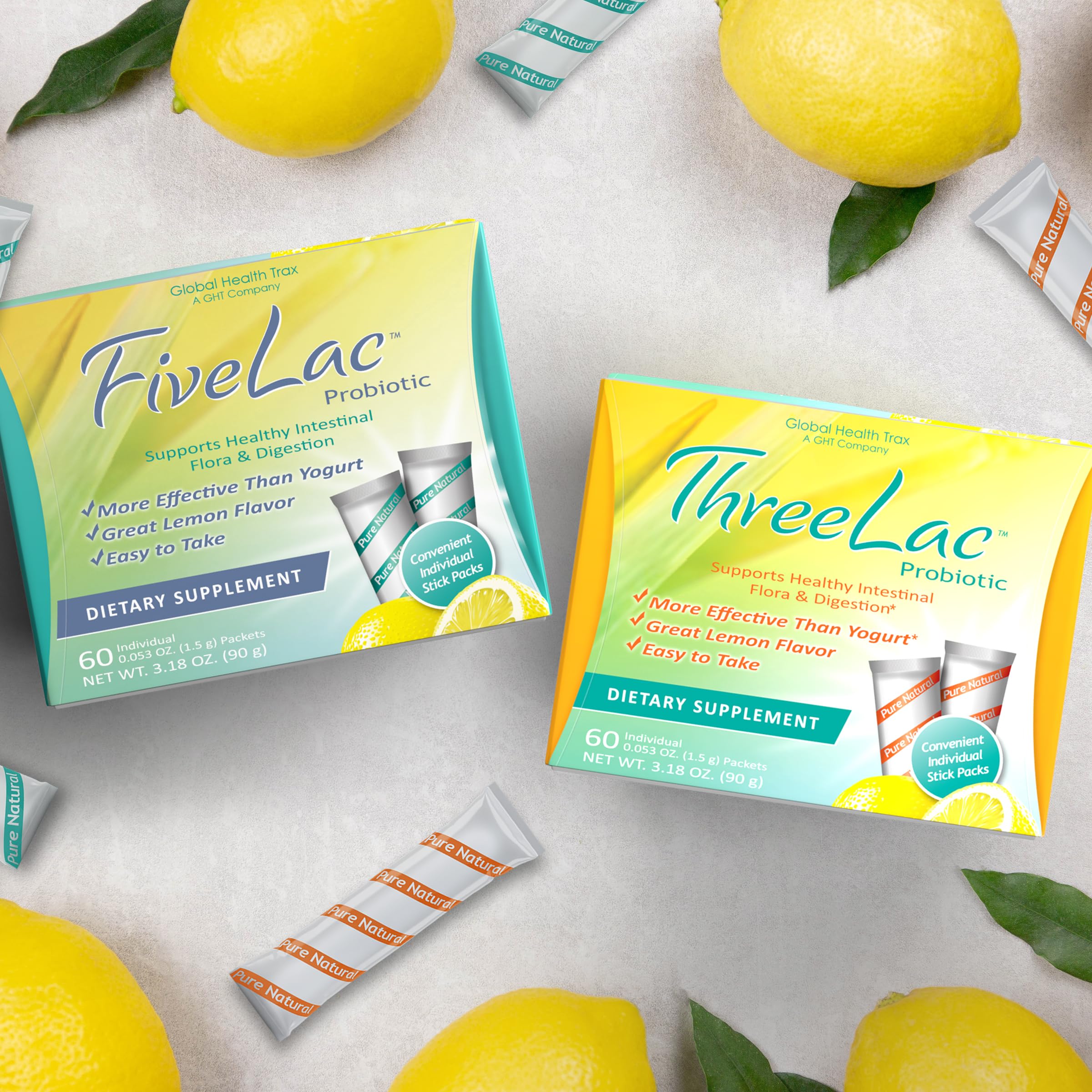 Global Health Trax GHT - FiveLac + Threelac Lemon Probiotic Powder Drink Mix, Probiotics for Women, Men, Kids, Smooth Digestive Support & Elimination, Relieves Constipation & Gas - 60 Packets, Non-GMO ght Global Health Trax buy supplements canada